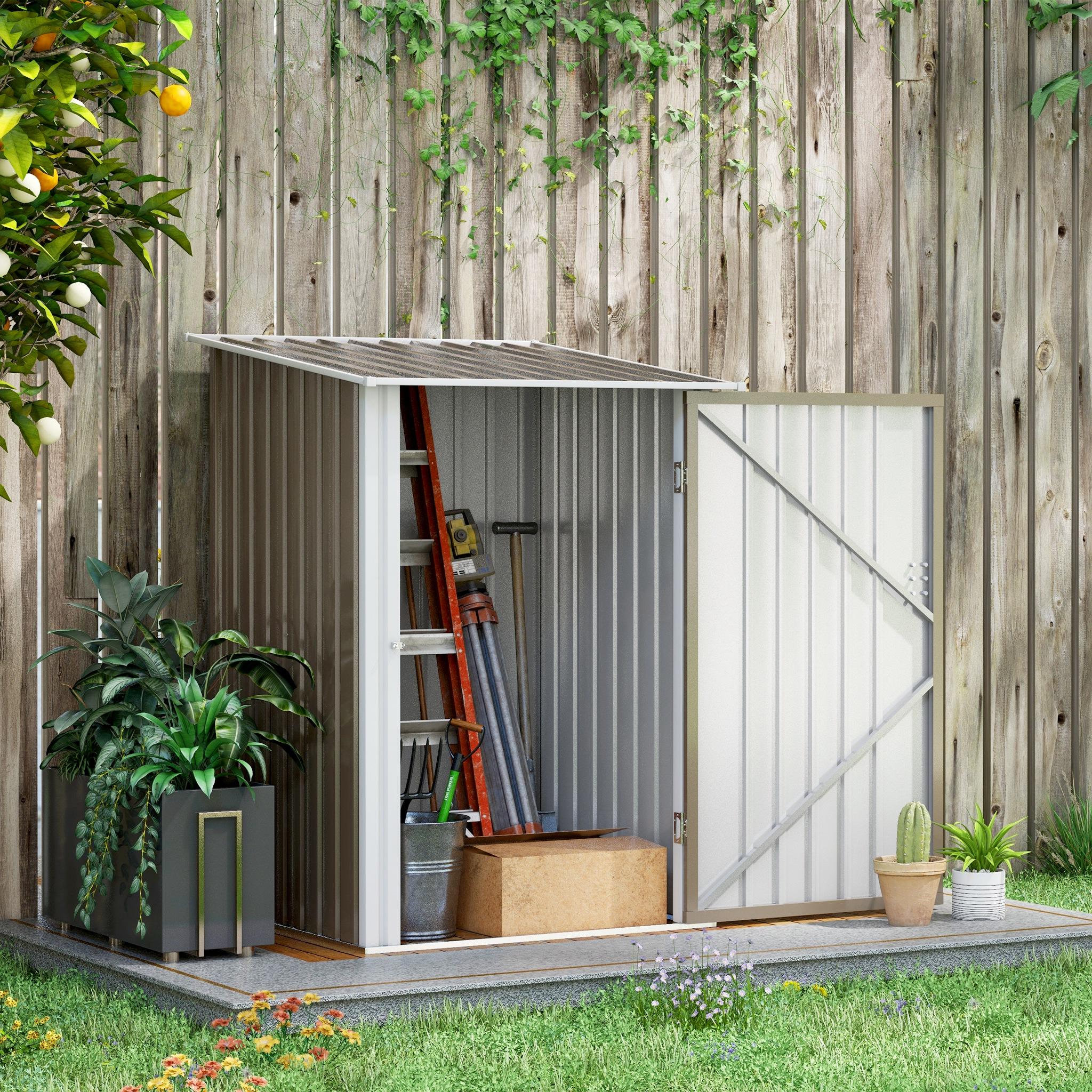 Voir la diapositive 4 : OUTSUNNY Abri de jardin - remise pour outils - cabanon porte verrouillable - dim. 1L x 1,03l x 1,6H m - tôle d'acier ondulée taupe