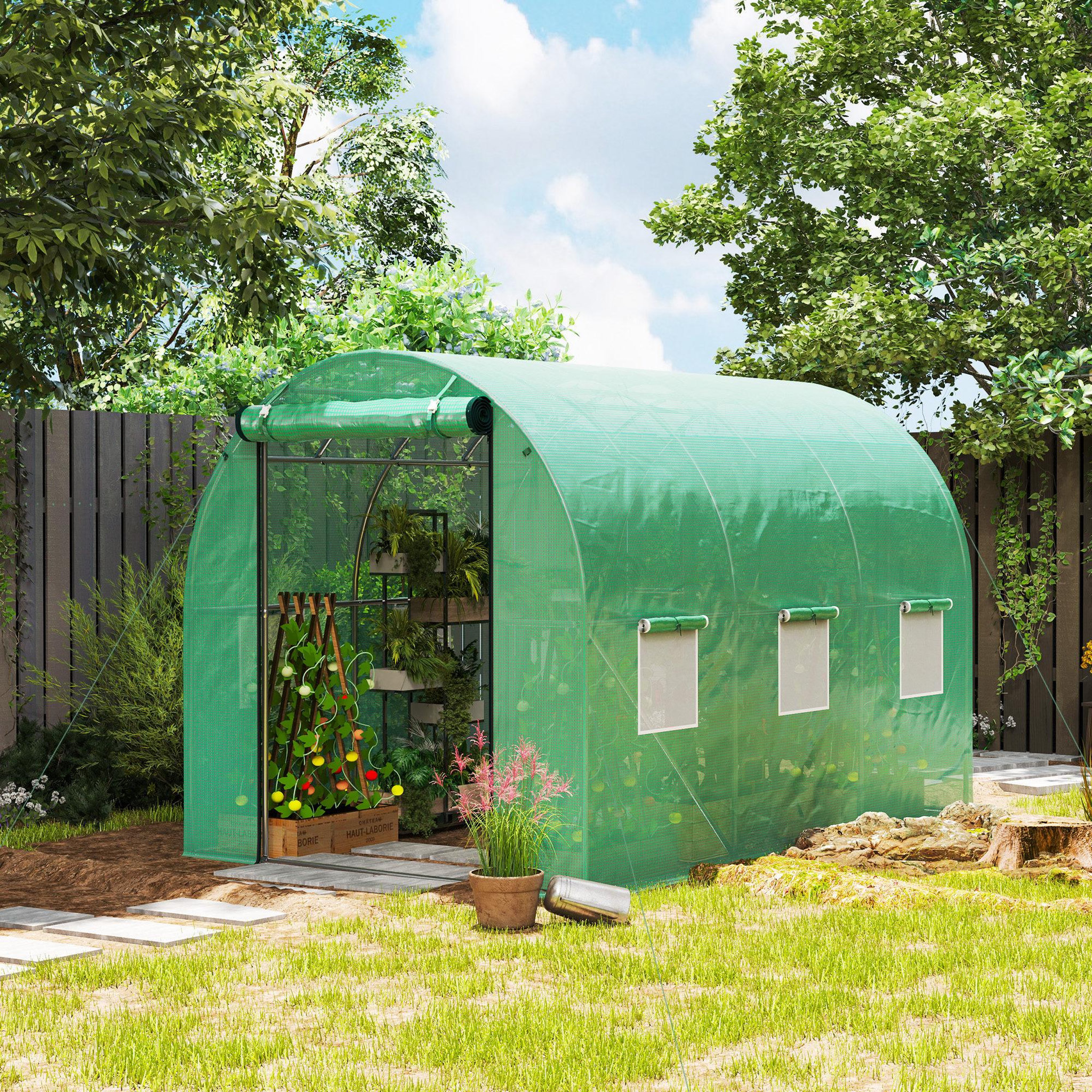 Voir la diapositive 2 : OUTSUNNY Serre de jardin 6 m² - porte zippée enroulable, 6 fenêtres - acier galvanisé PE haute densité 170 g/m² vert