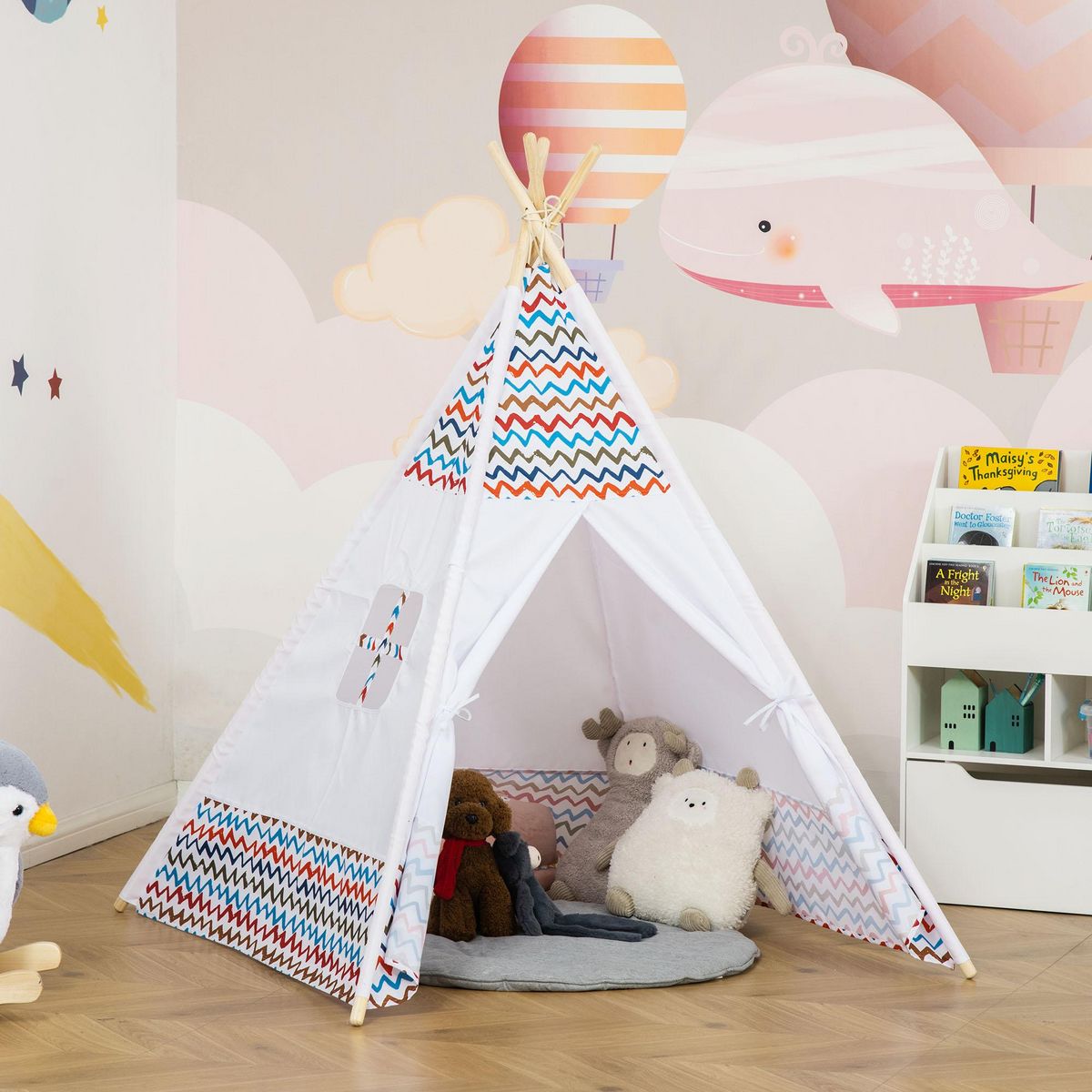 HOMCOM Tente teepee indien enfant style graphique - dim. 1,2L x 1,2I x 1,55H m - porte refermable, fenêtre - structure bois, toile polyester coton blanc multicolore