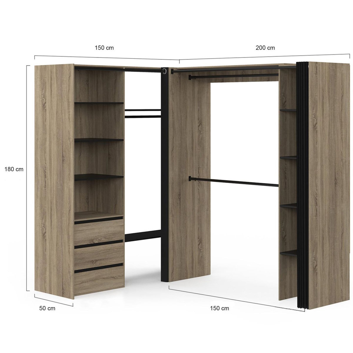 ID MARKET Dressing extensible d'angle MARLON 200 x 150 x 180 cm hêtre avec penderies + tiroirs + étagères + rideaux noirs