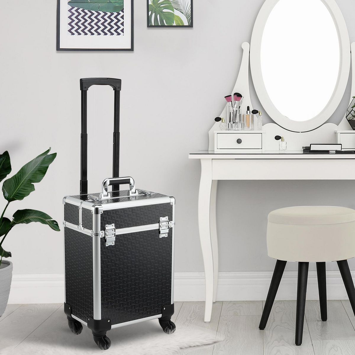 HOMCOM Valise trolley maquillage mallette cosmétique vanity poignée télescopique réglable 34L x 24l x 52H cm alu. noir