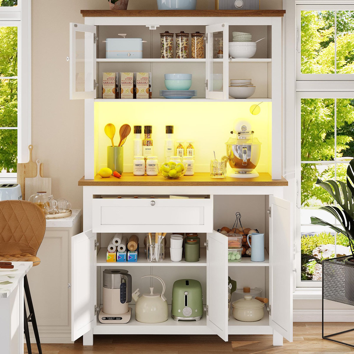 MERAX Buffet de cuisine 5 portes 1 tiroir - 104 cm blanc led mdf