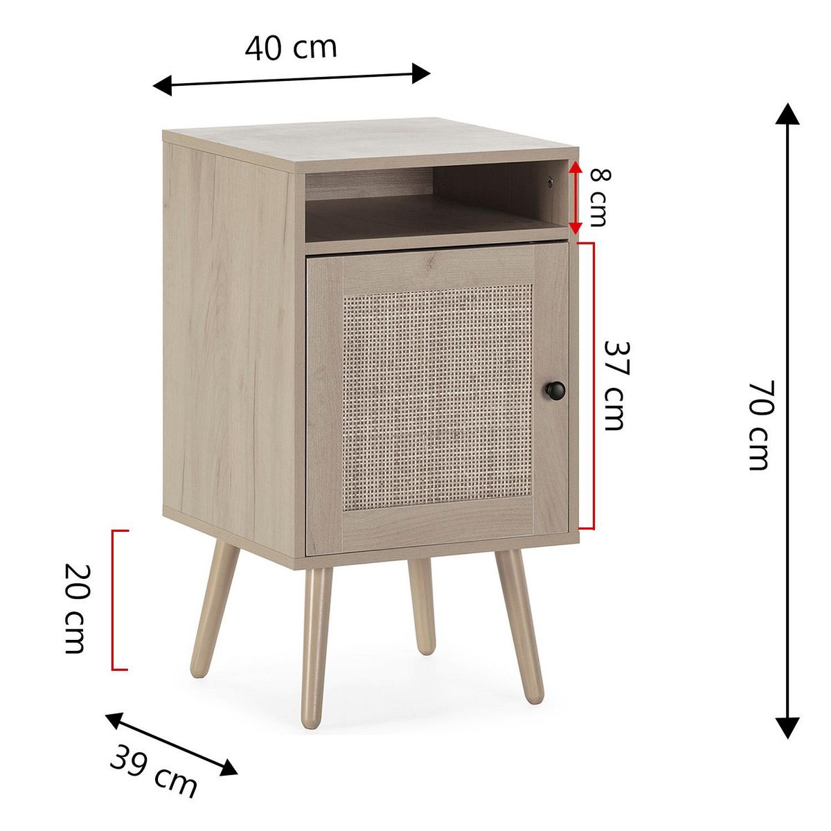 VS VENTA-STOCK Table de Chevet Bella 1 Porte Couleur Chêne, Rotin Naturel