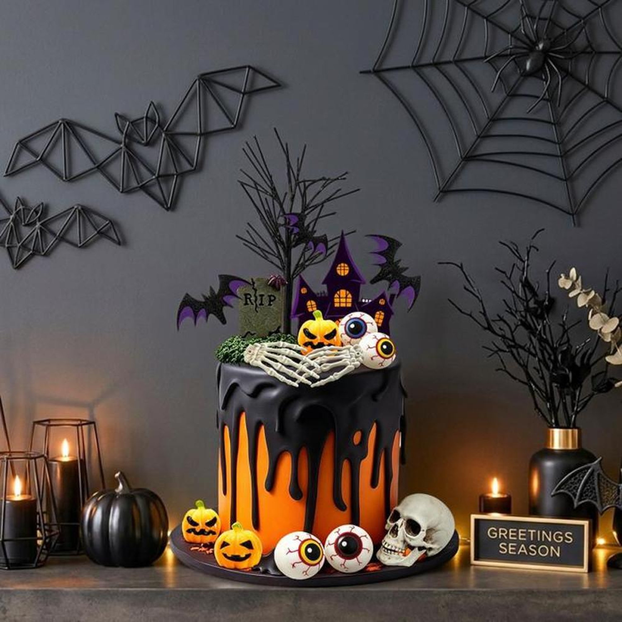 Voir la diapositive 3 : Set de décorations pour gâteau Halloween 17 pièces avec topper Happy Halloween, tombstone RIP, chauves-souris et citrouilles