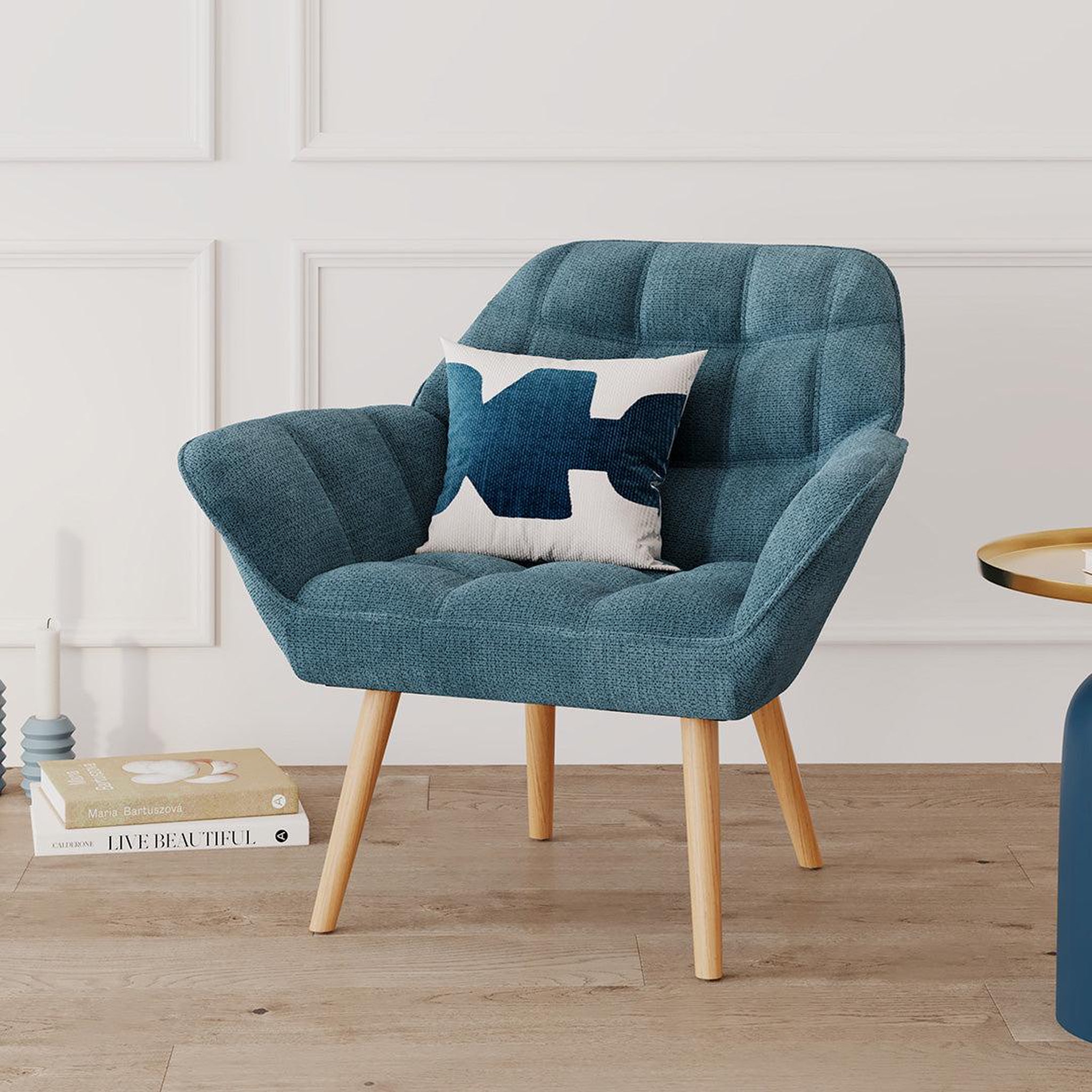 Voir la diapositive 2 : MAISON PAVANE Fauteuil en tissu bleu et pieds en bois-simba