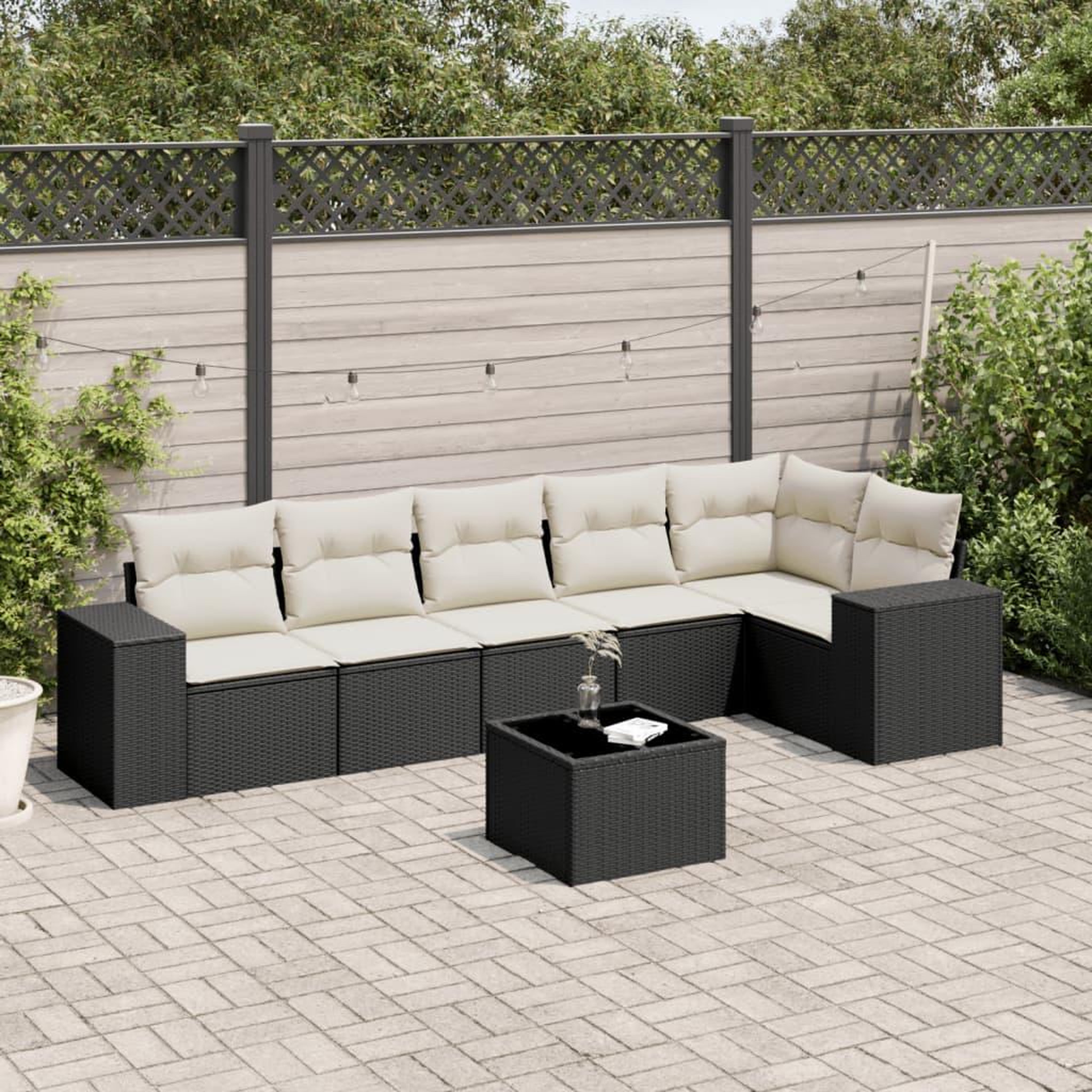 VIDAXL Salon de jardin 7 pcs avec coussins noir resine tressee