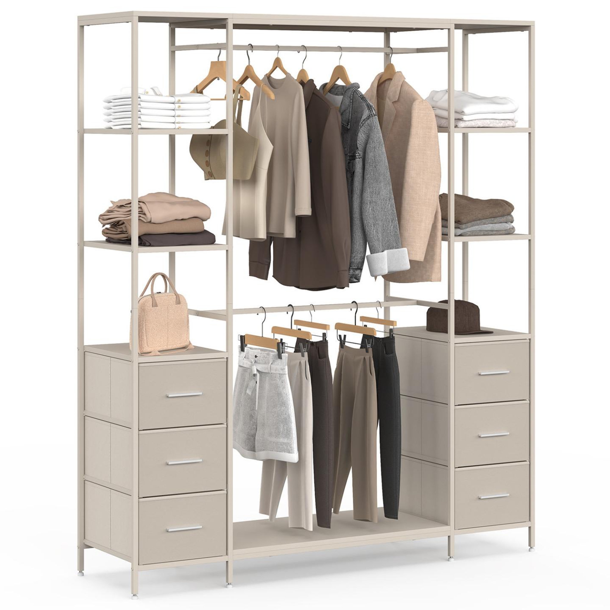 ID MARKET Dressing double penderie + double colonne l. 140 cm utah avec 6 étagères et 6 bacs en tissu beige