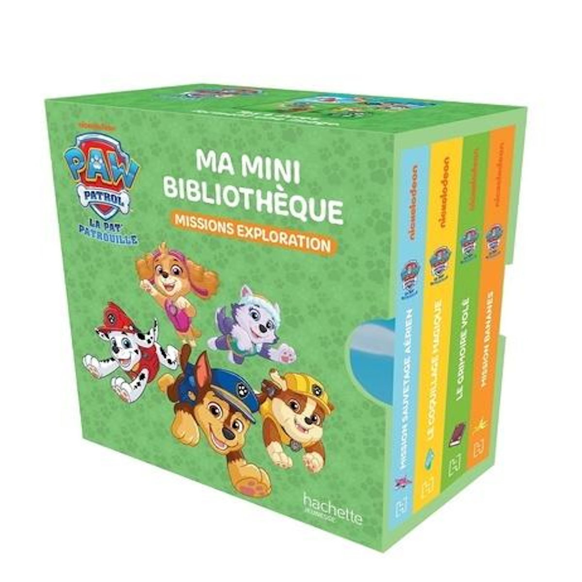PAW PATROL LA PAT' PATROUILLE : MA MINI BIBLIOTHEQUE MISSION EXPLORATION. COFFRET EN 4 VOLUMES ; MISSION SAUVETAGE AERIEN ; LE COQUILLAGE MAGIQUE ; LE GRIMOIRE VOLE ; MISSION BANANES, Nickelodeon