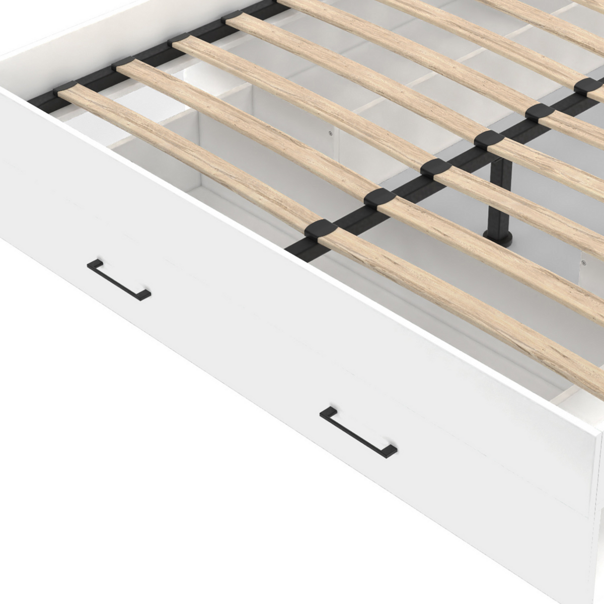 ID MARKET Lit double MINEA avec tiroirs + niches de rangement + tête de lit et sommier 140 x 190 cm blanc