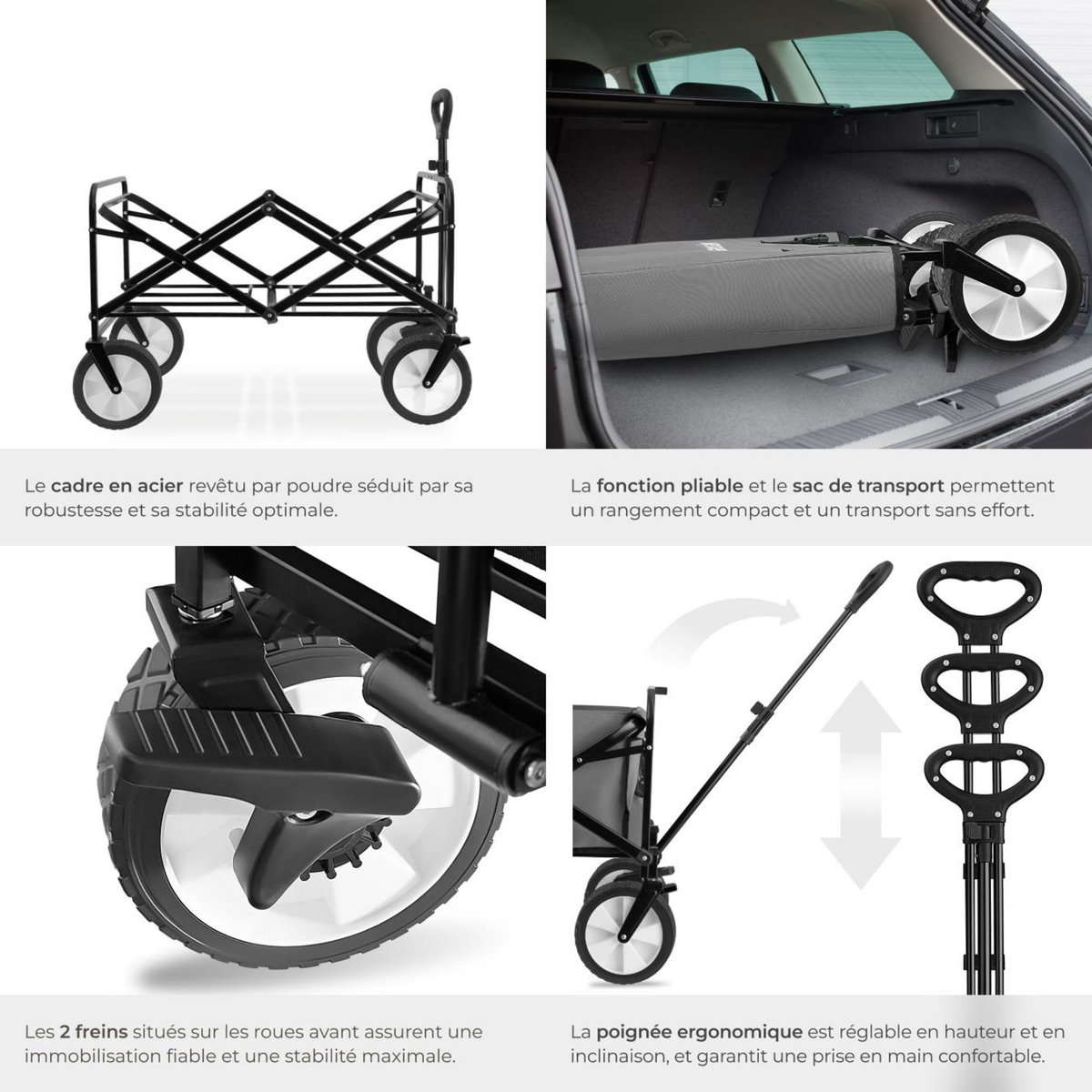 tectake Chariot pliable avec poignée téléscopique gris