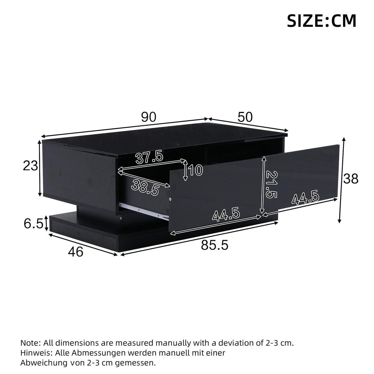 MERAX Table basse rectangulaire noir avec 2 tiroirs - 50x90 cm led panneau de particules