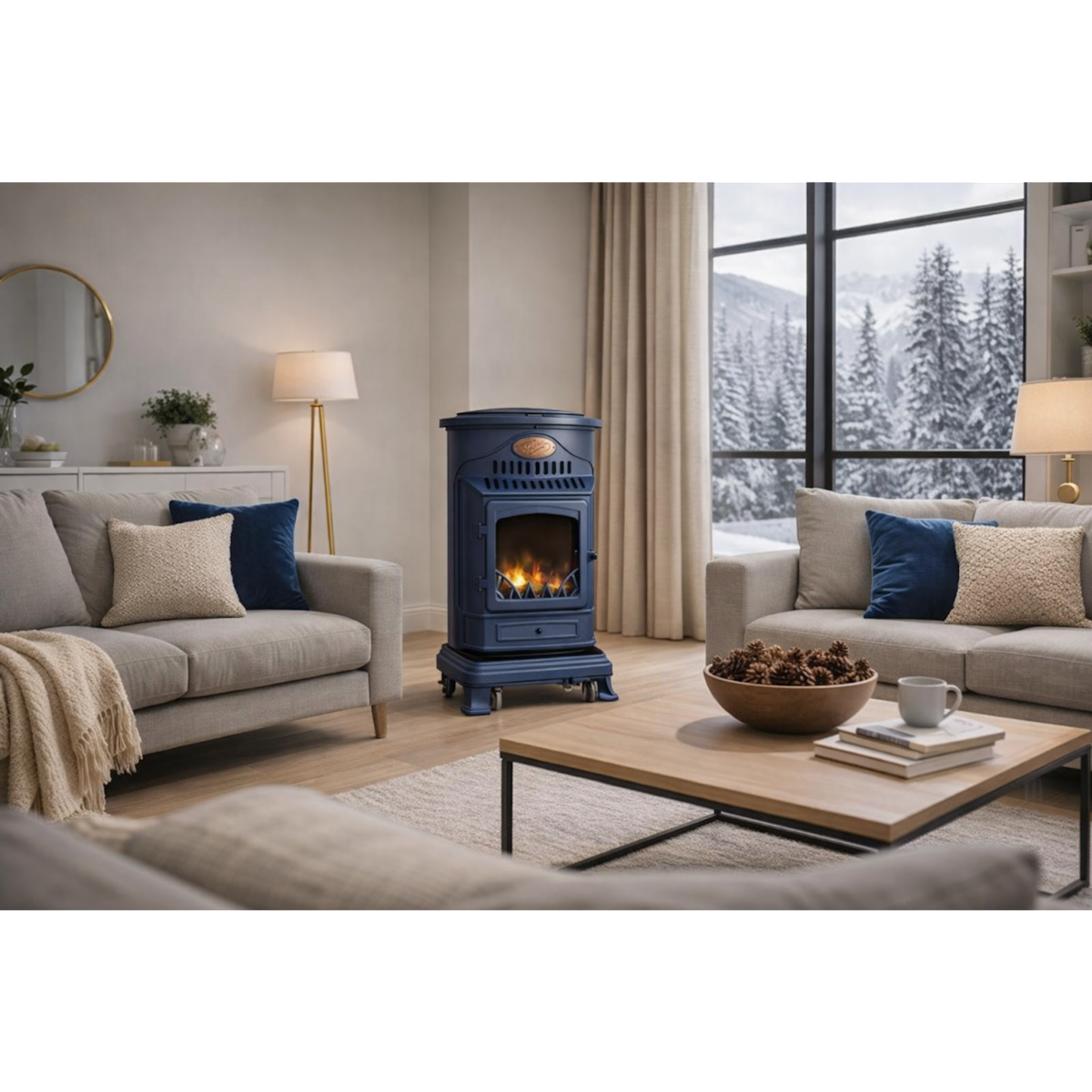 SAHARA Poele à gaz 3,4KW Bleu Saphir Mat Effet poêle à bois Fonte véritable + Tuyau gaz + détendeur butane Provence Sahara