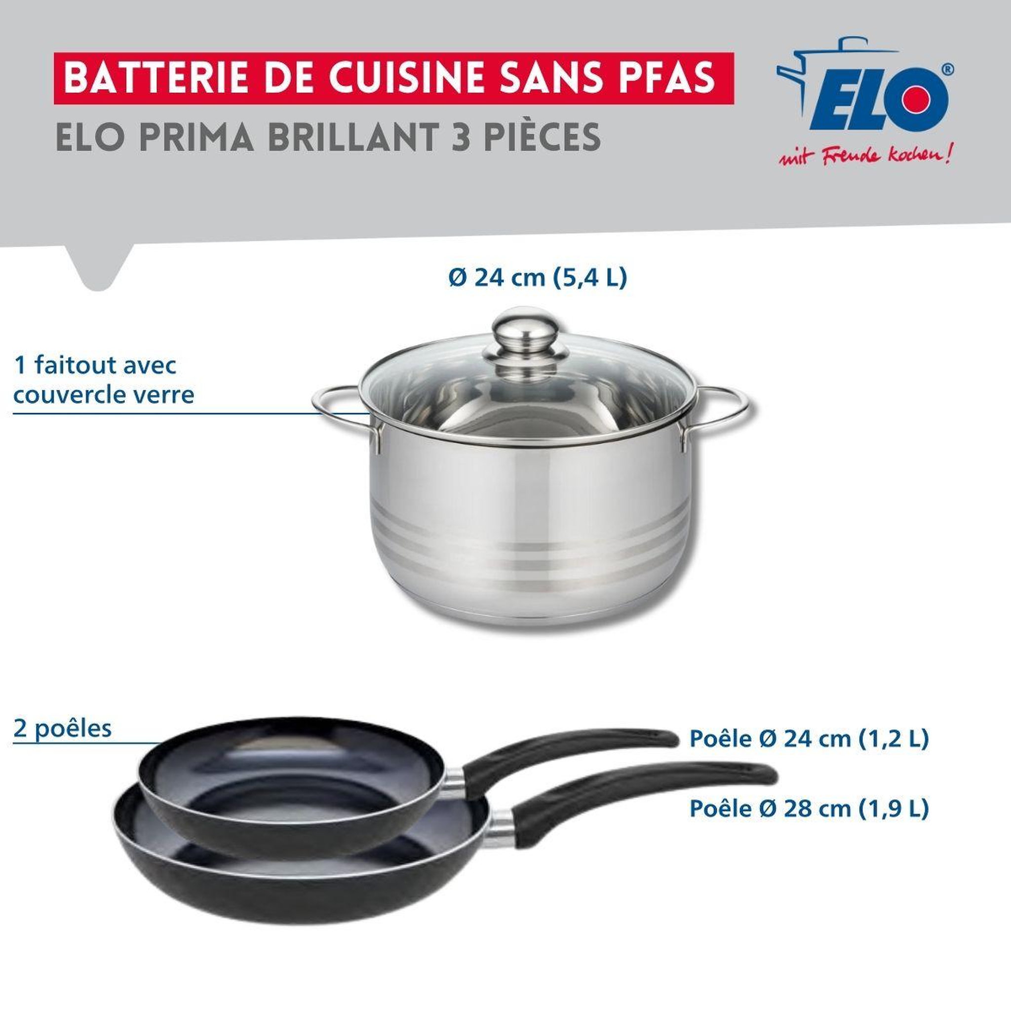 Voir la diapositive 2 : ELO Ensemble de 2 poêles de cuisson 24 et 28 cm et 1 faitout 24 cm elo prima brillant