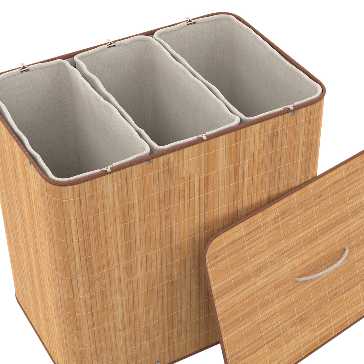 ID MARKET Panier à linge 3 bacs amovibles bambou ALBA tissu écru