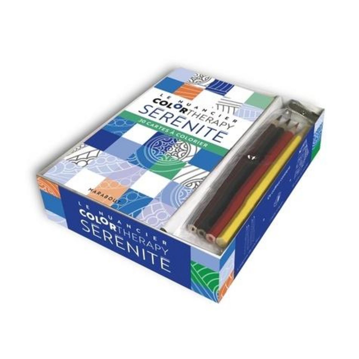 COFFRET LE NUANCIER COLORTHERAPY SERENITE. AVEC 30 CARTES A COLORIER, 4 CRAYONS DE COULEUR ET 1 TAILLE-CRAYON, Marabout