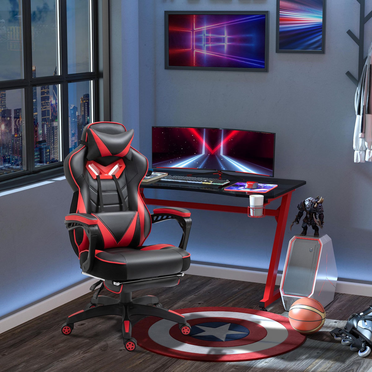 VINSETTO Vinsetto Fauteuil de bureau gamer style baquet racing - pivotant, inclinable - coussin lombaire, tétière, repose-pieds inclus - revêtement synthétique rouge noir