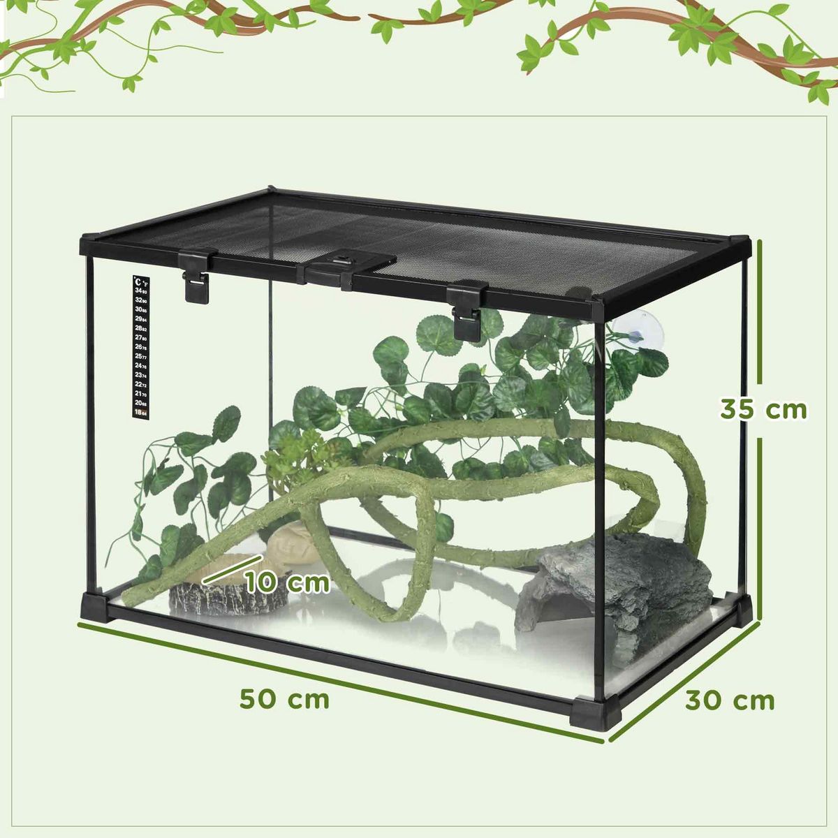 PAWHUT Terrarium verre transparent - couvercle treillis métallique coulissant verrouillable, trappe, distributeur eau, thermomètre - noir