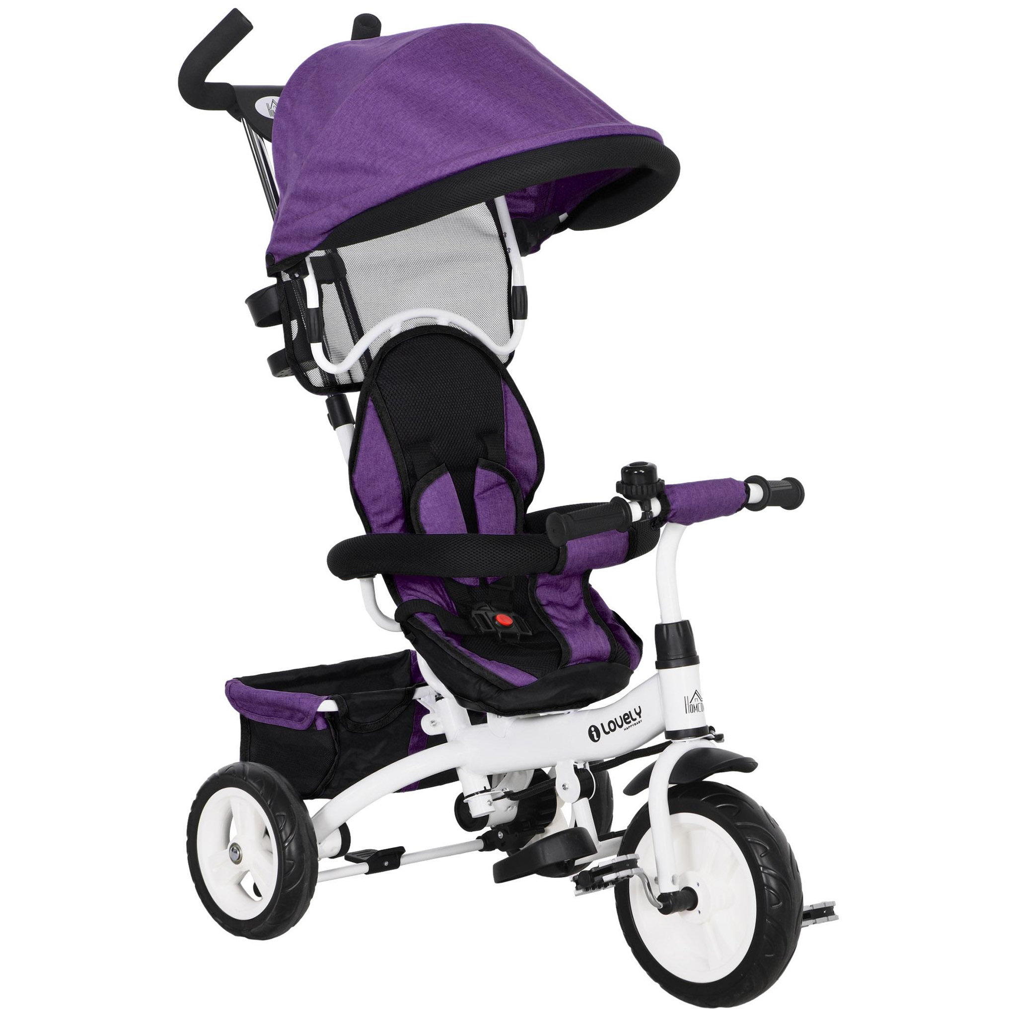 Voir la diapositive 1 : HOMCOM Tricycle enfant évolutif pare-soleil pliable canne télescopique amovible acier violet