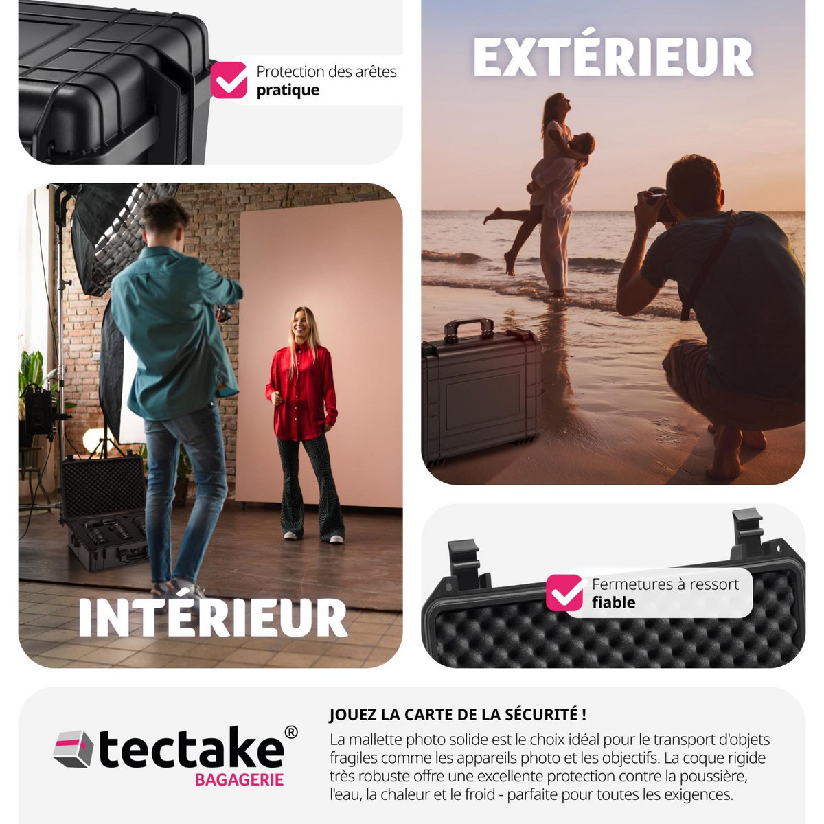 tectake Valise de protection matériel photo en coque dure robuste avec 4 inserts en mousse épais noir