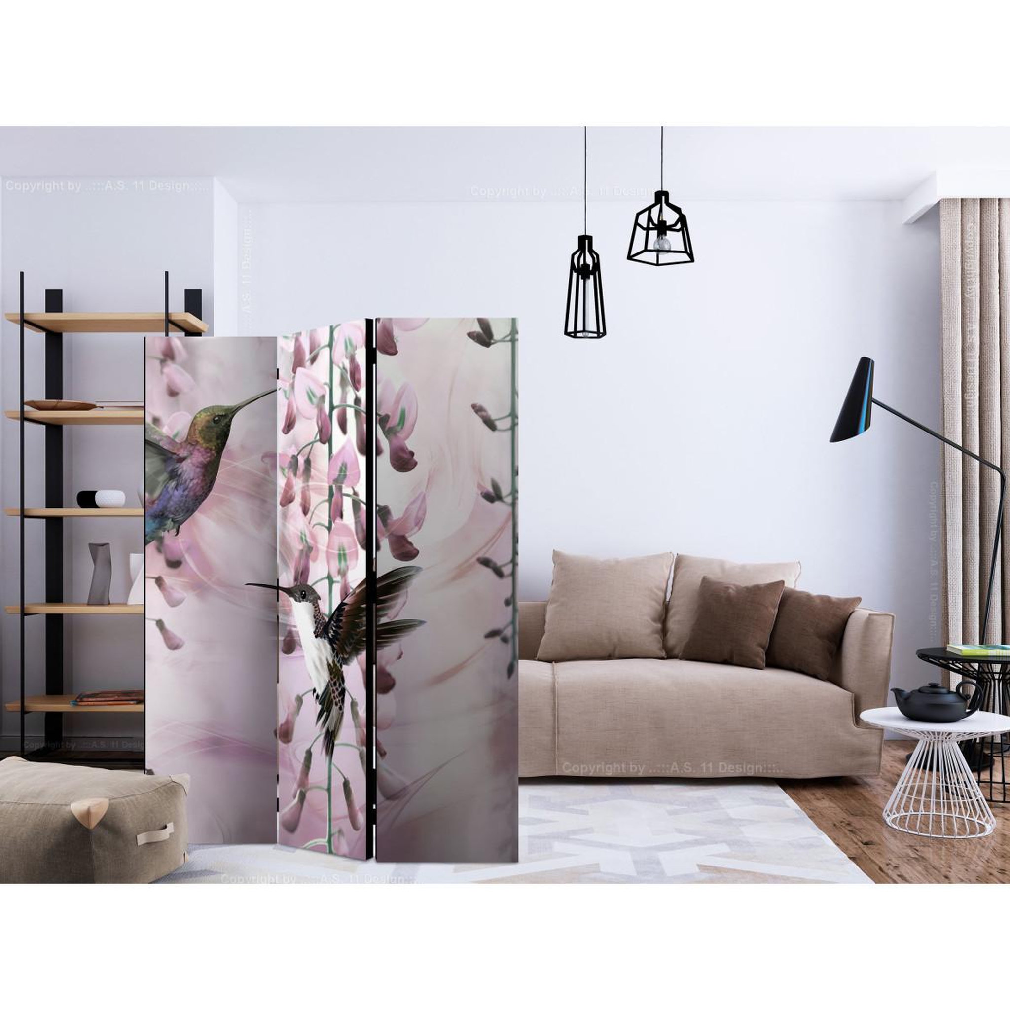 Voir la diapositive 2 : Paris Prix Paravent 3 volets  flying hummingbirds pink  135x172cm