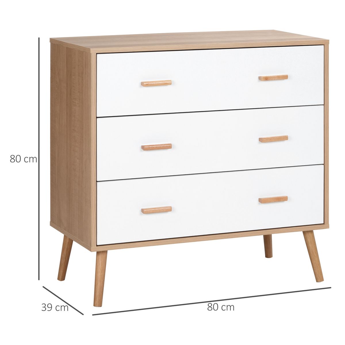 HOMCOM Commode design scandinave sur pieds 3 tiroirs coulissants pieds effilés inclinés panneaux particules blanc aspect bois clair