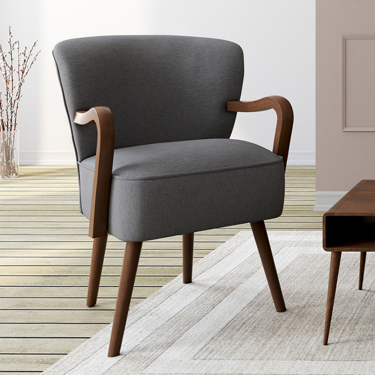 ID MARKET Fauteuil vintage LUCIEN gris anthracite pieds bois foncé