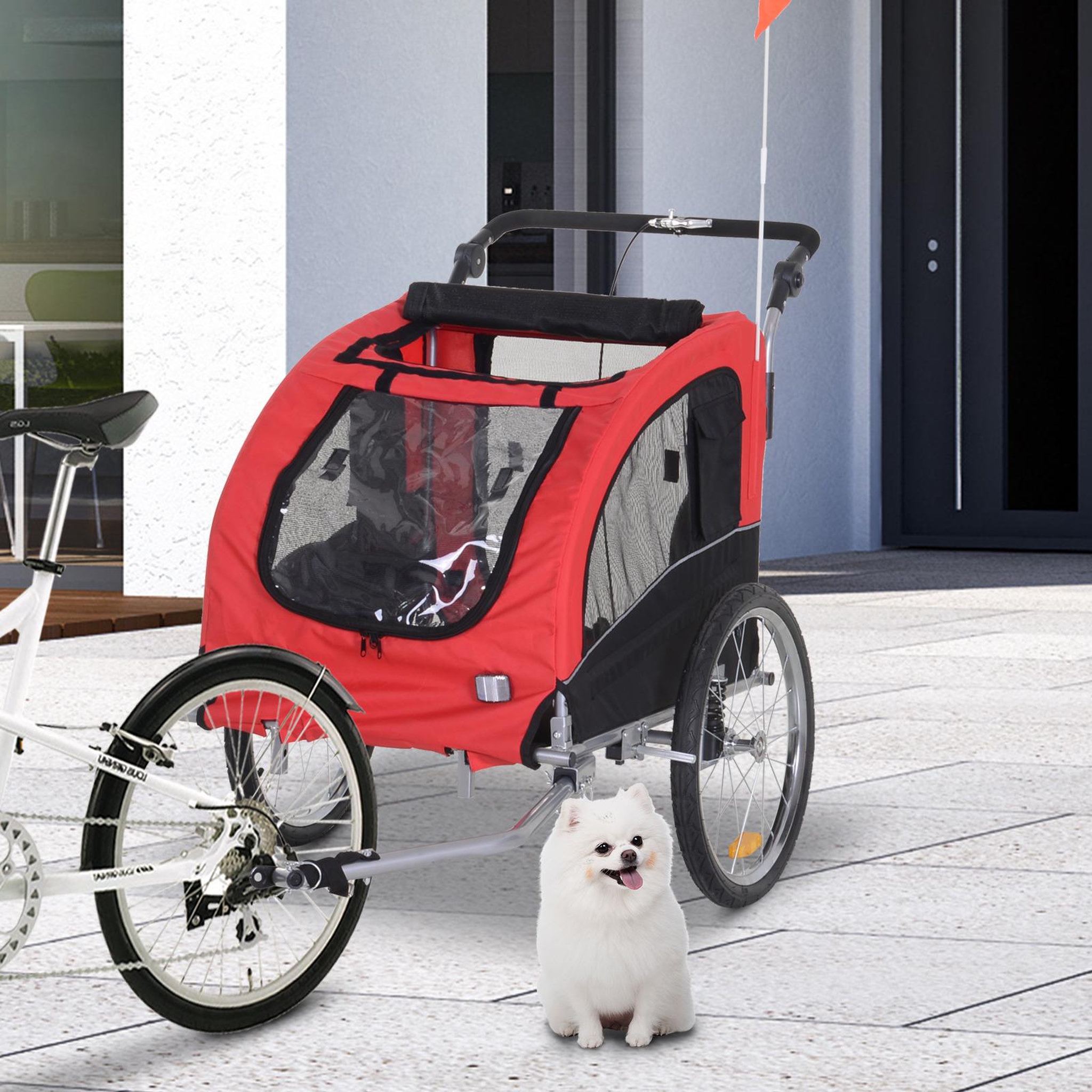 Voir la diapositive 2 : HOMCOM Remorque vélo jogger 2 en 1 pour animaux drapeau roue avant pivotante réflecteurs et barre d'attelage inclus rouge noir