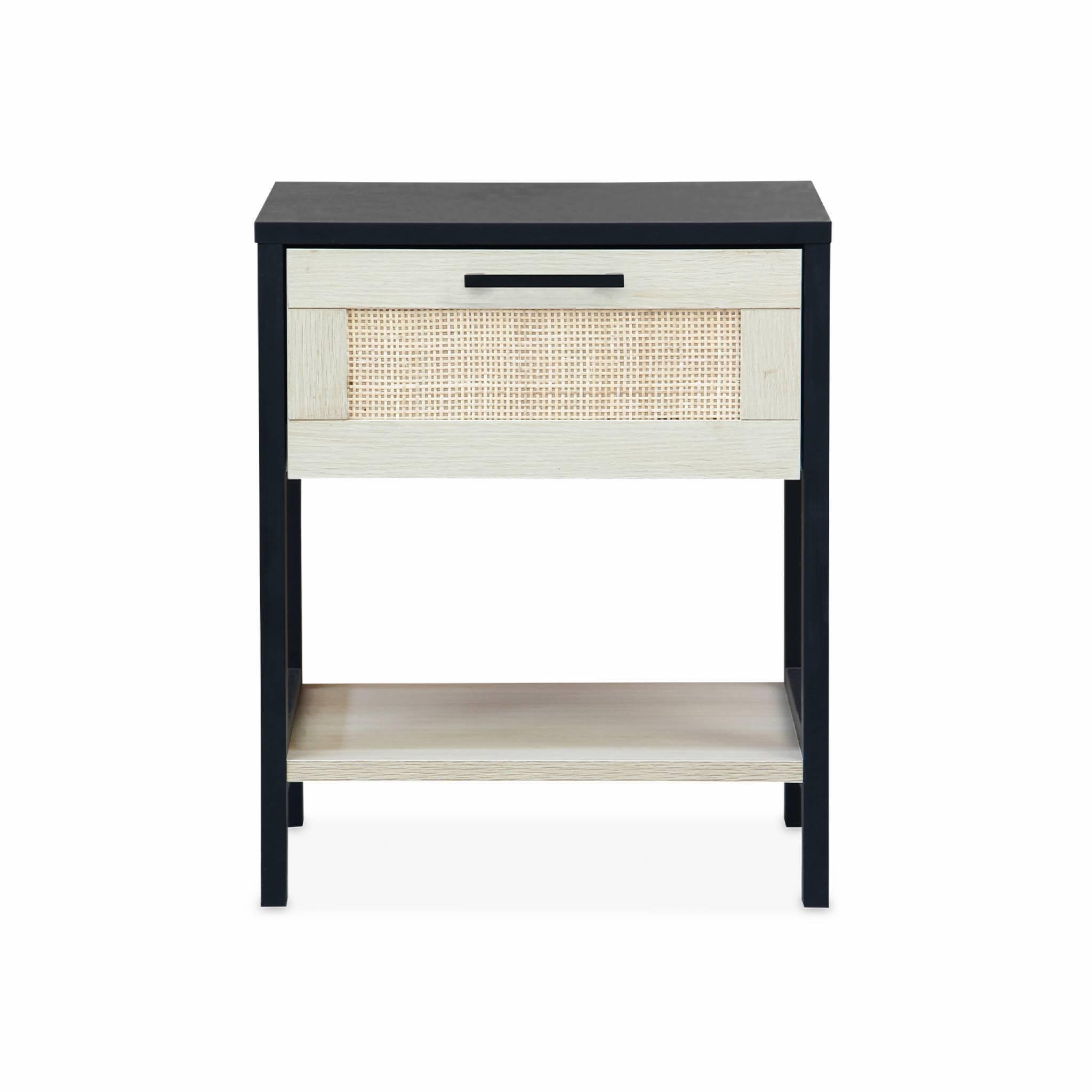 Voir la diapositive 5 : SWEEEK Table de chevet noir et cannage 40 x 40 x 48cm - Bianca - 1 tiroir. 1 étagère