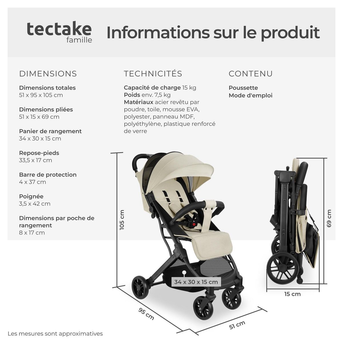 tectake Poussette buggy pliage à une main avec harnais à 5 points, frein de stationnement et arceau de sécurité gris/beige