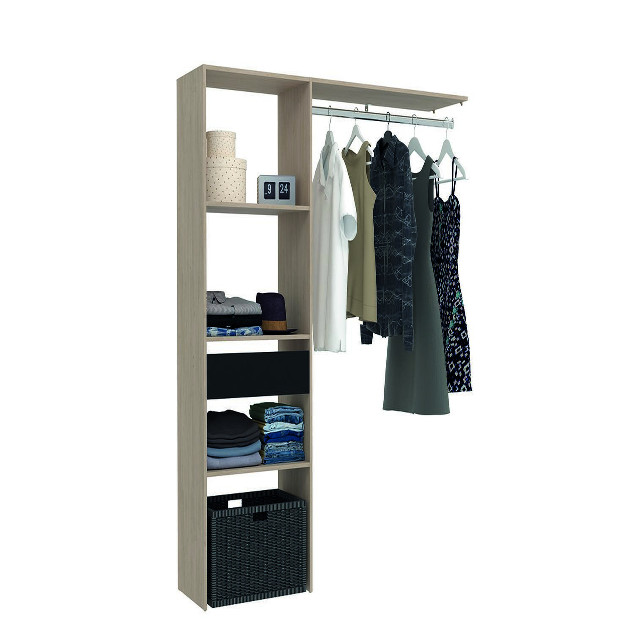 Voir la diapositive 2 : CONCEPT USINE Dressing bois avec 3 étagères 1 tiroir et une penderie : 160 x 40 x 180 cm elysee