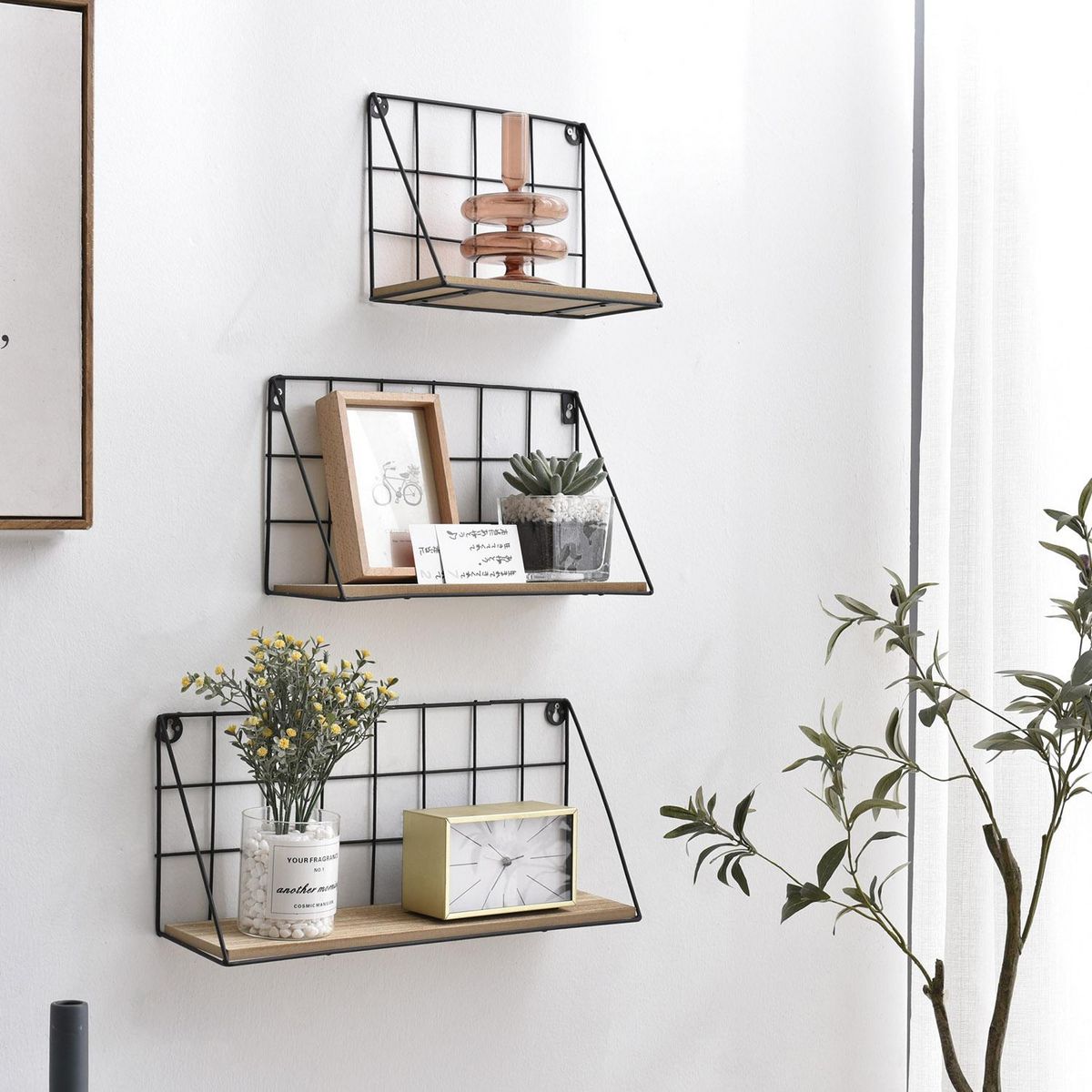 VS VENTA-STOCK Set de 3 étagères murales Amede métal noir et bois paulownia