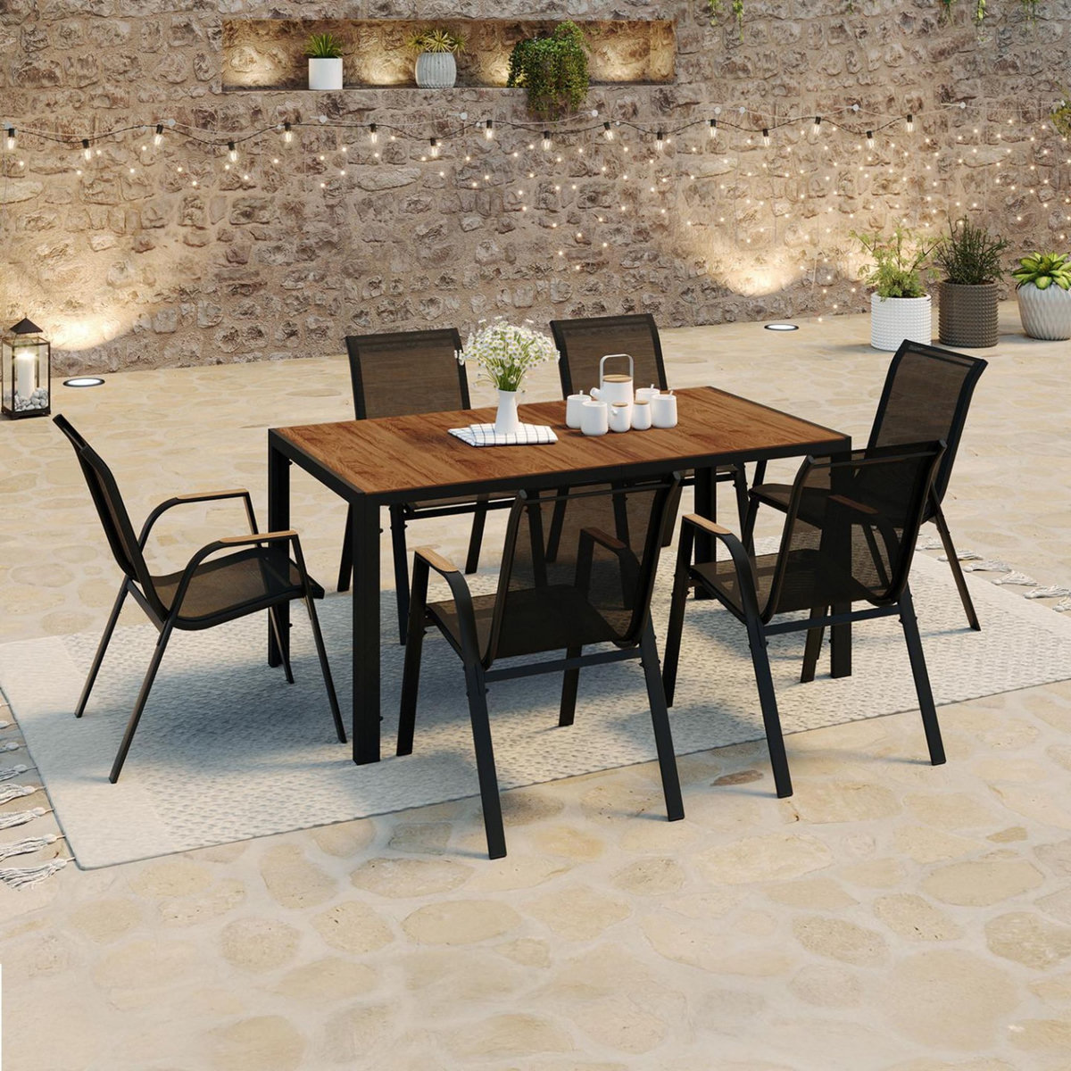 ID MARKET Salon de jardin NOUMEA table 150 cm plateau verre trempé effet bois et 6 chaises empilables noir et bois
