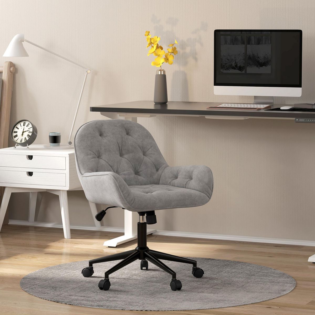 VINSETTO Chaise de bureau velours design Chesterfield effet capitonné piètement métal noir gris