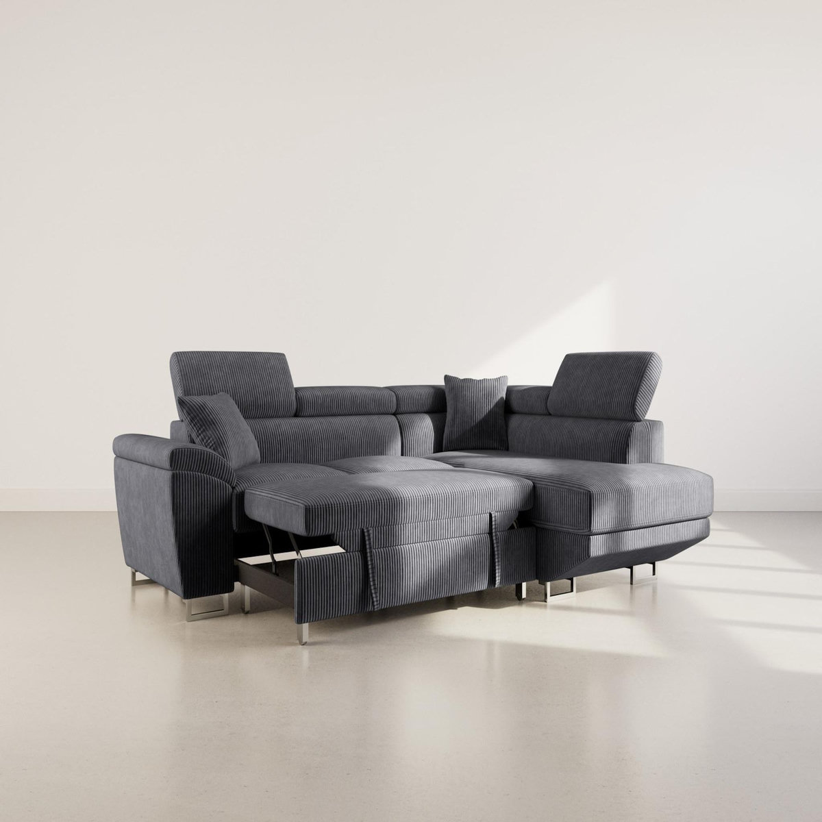 BEST MOBILIER Baoji - canapé d'angle droit 5 places convertible avec têtières et coffre en velours côtelé