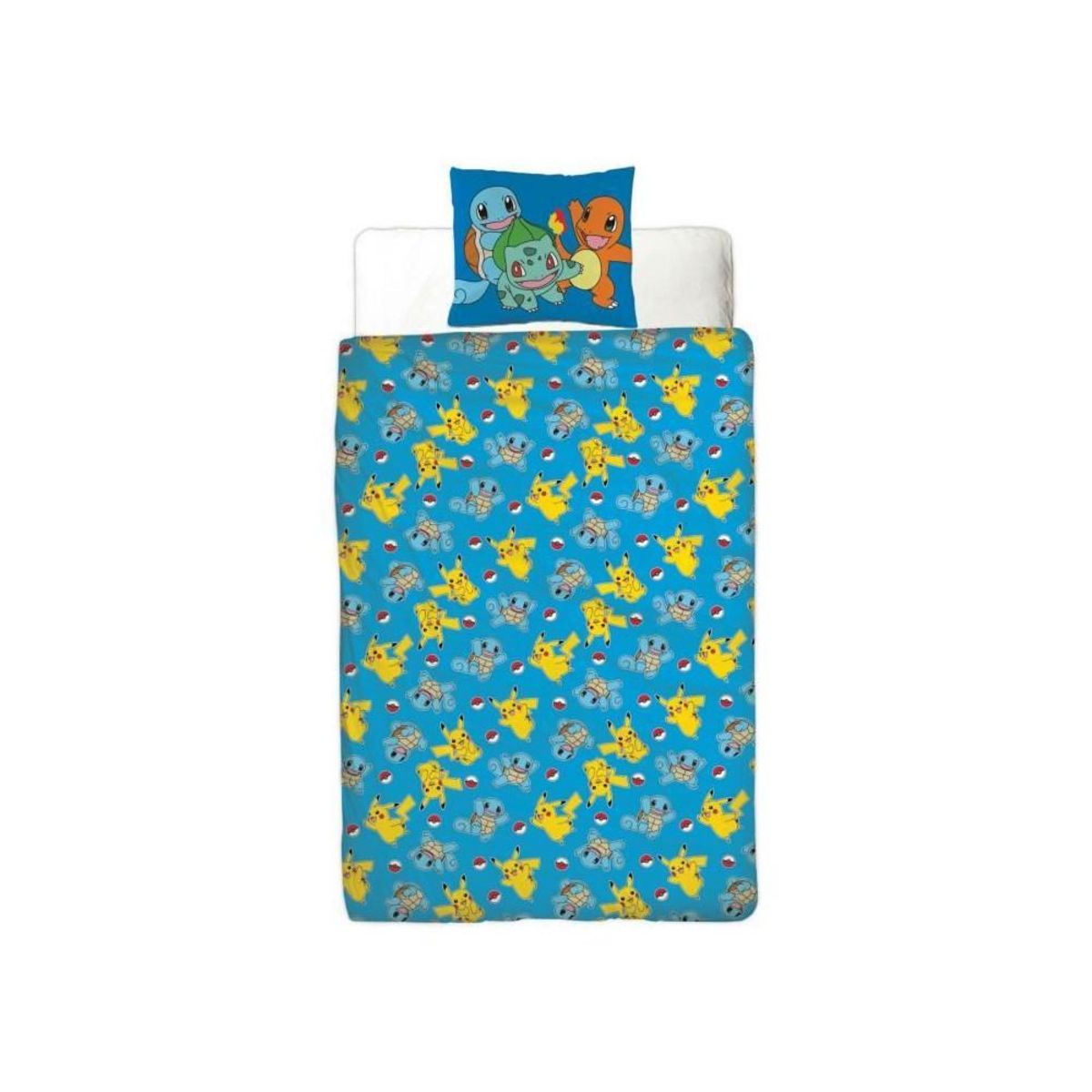 Pokemon Parure de lit réversible - POKEMON - Pikachu et Starter 1G II - Microfibre - 1 housse de couette 140 x 200 cm + 1 taie 63 x 63