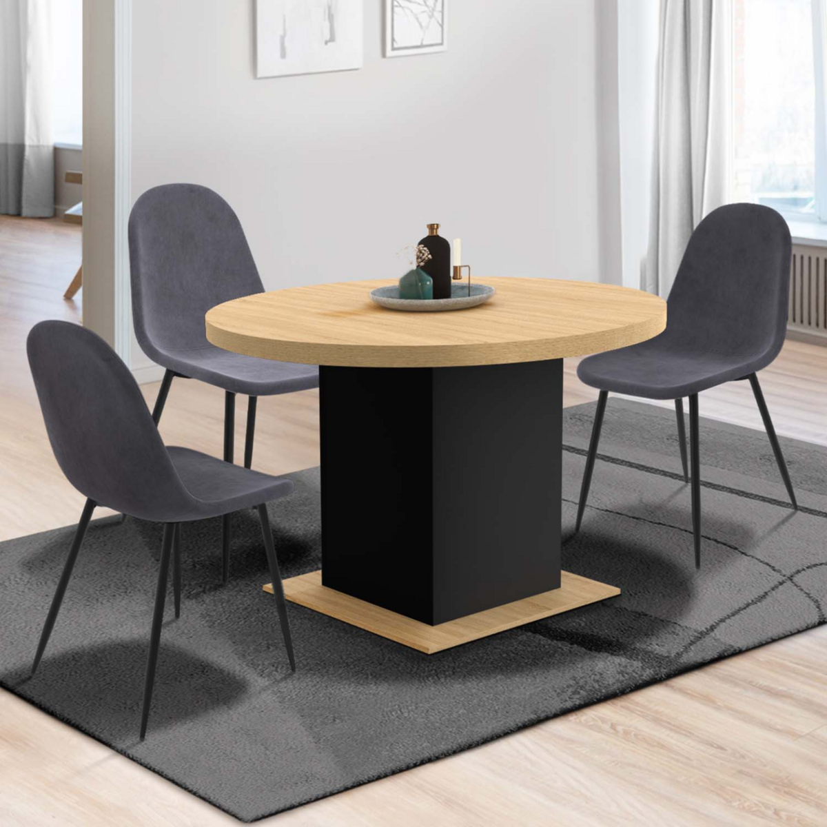 ID MARKET Table à manger extensible ronde EDEN 4-8 personnes bois et noir 120-160 cm