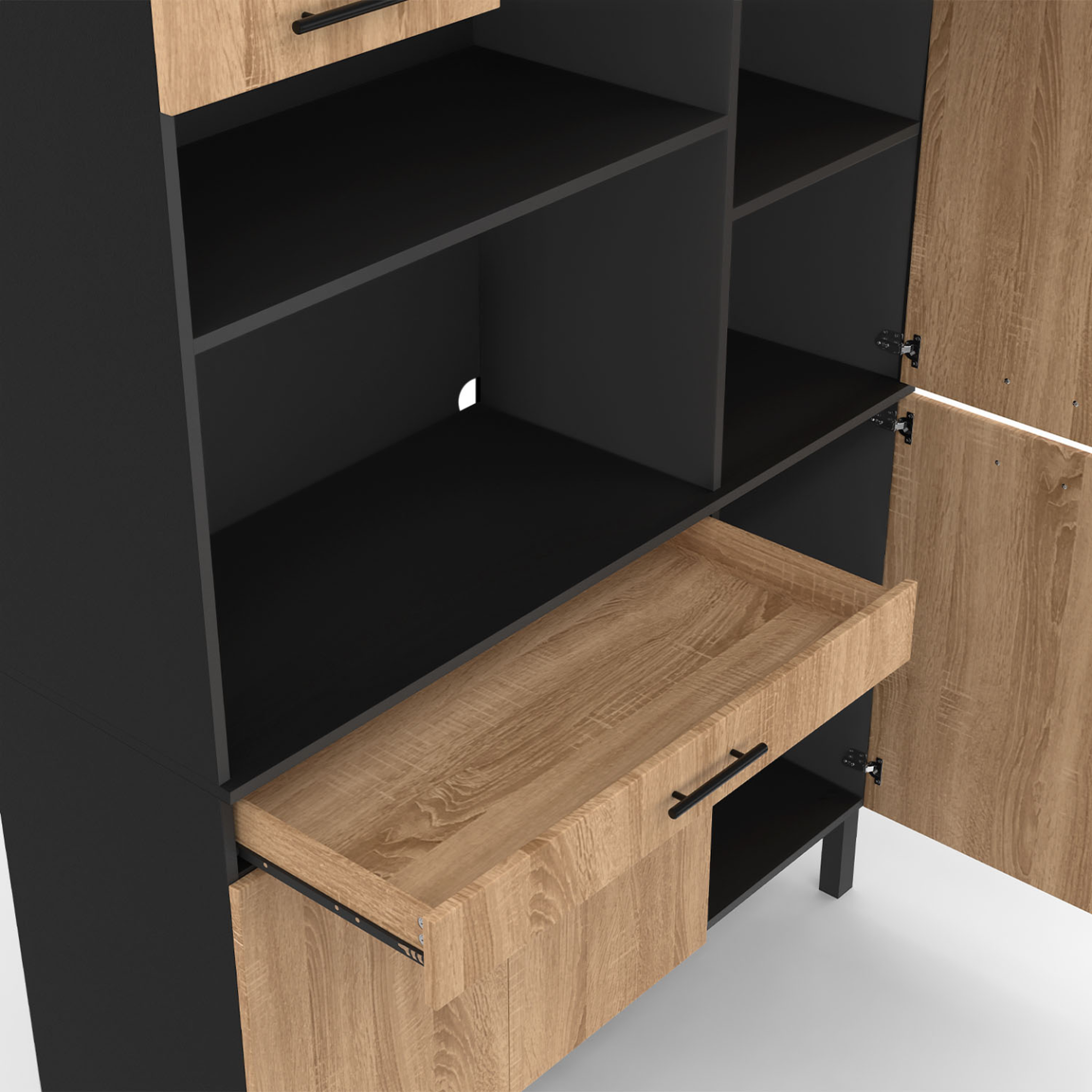Voir la diapositive 6 : ID MARKET Buffet de cuisine avec colonne de rangement 120 cm cina 6 portes + tiroir noir et façon hêtre