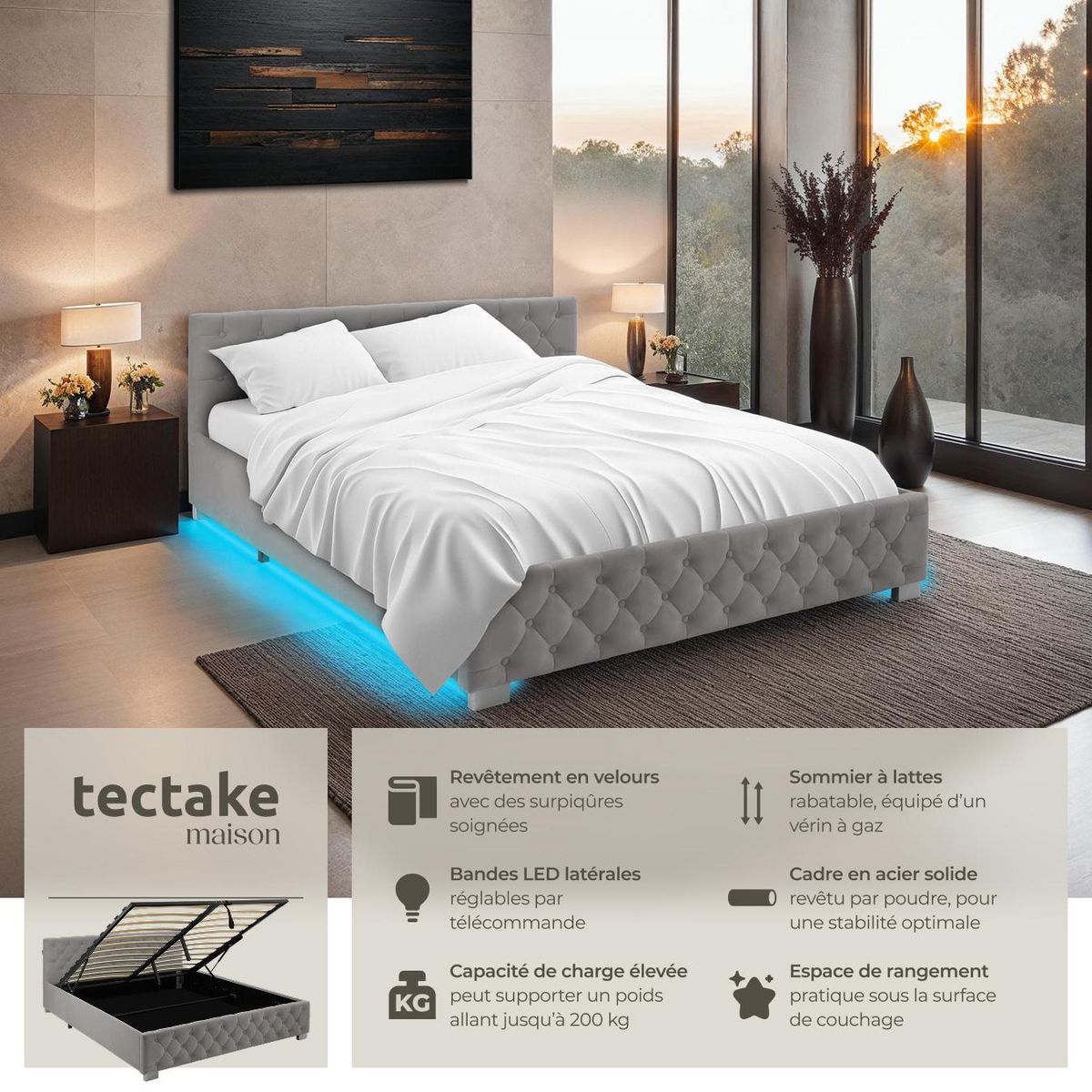 tectake Lit rembourré En aspect velours avec motif matelassé gris foncé 180 x 200 cm