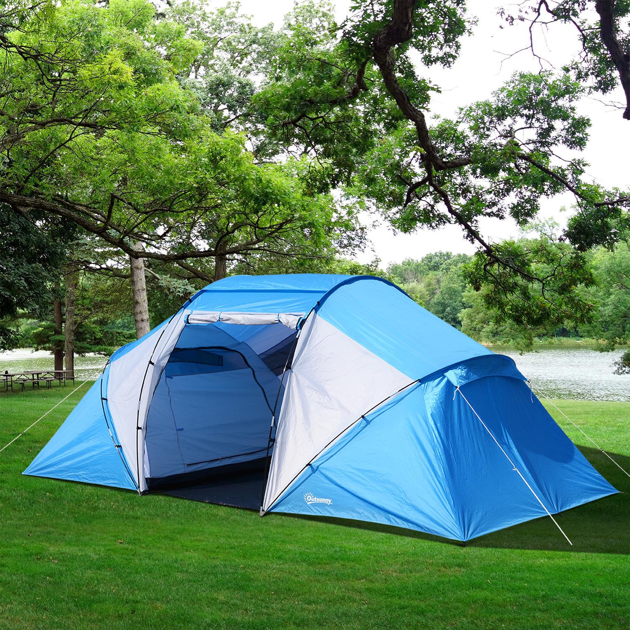 Voir la diapositive 2 : OUTSUNNY Tente de camping familiale 4-6 personnes 2 cabines fenêtre grande porte 4,3l x 2,4l x 1,7h m bleu blanc