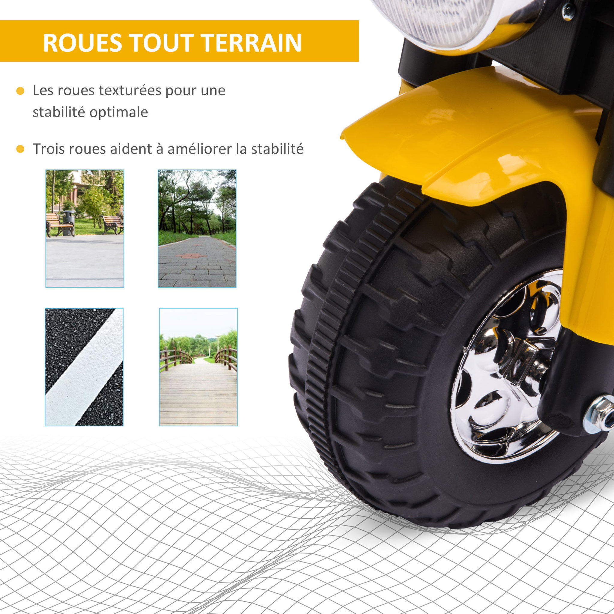 Voir la diapositive 6 : HOMCOM Moto électrique enfant chopper tout-terrain  6 V 20 W marche AV AR 3 roues effets lumineux et sonores jaune noir
