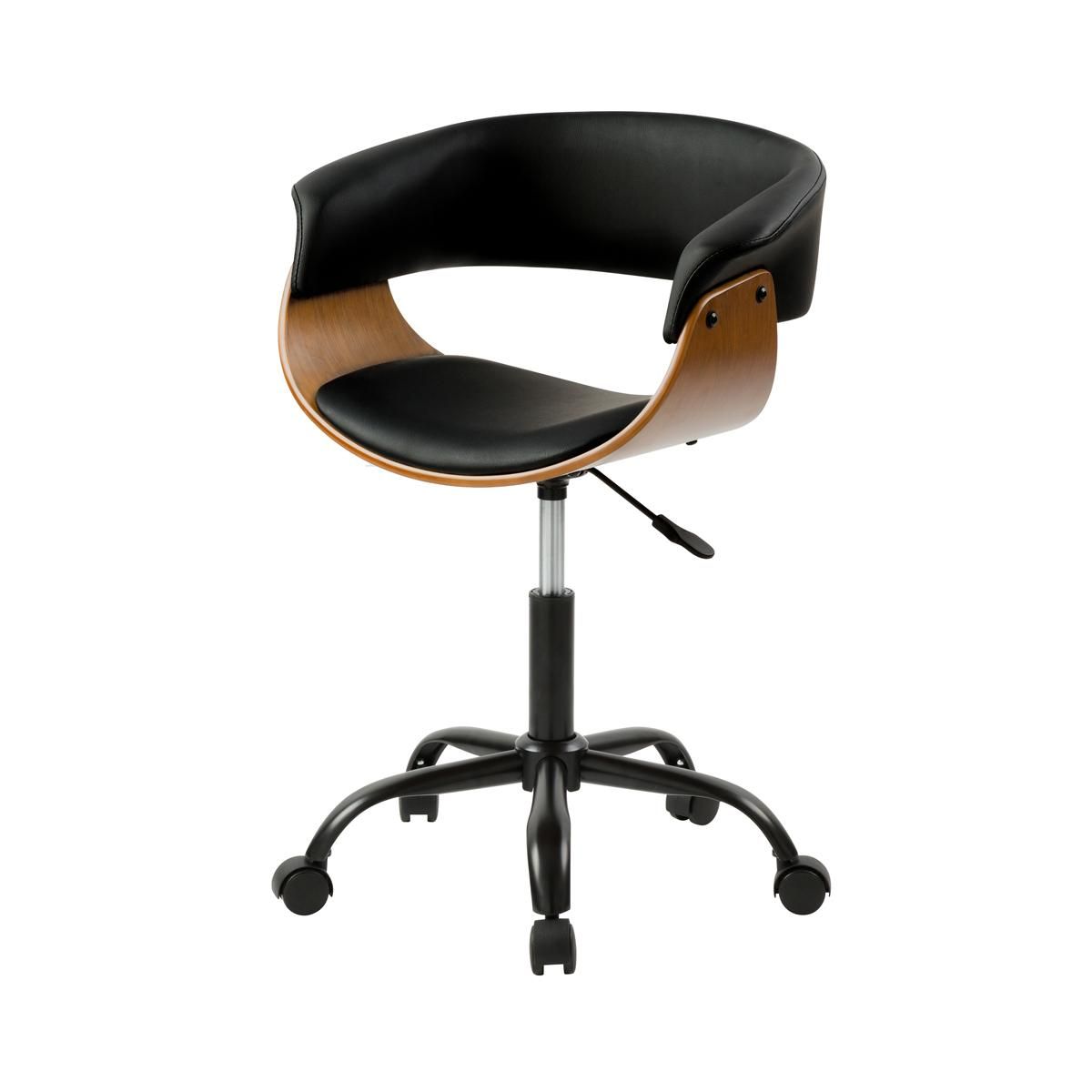 Rendez vous déco Chaise de bureau pivotante sur roulettes en bois et PU noir - Basile