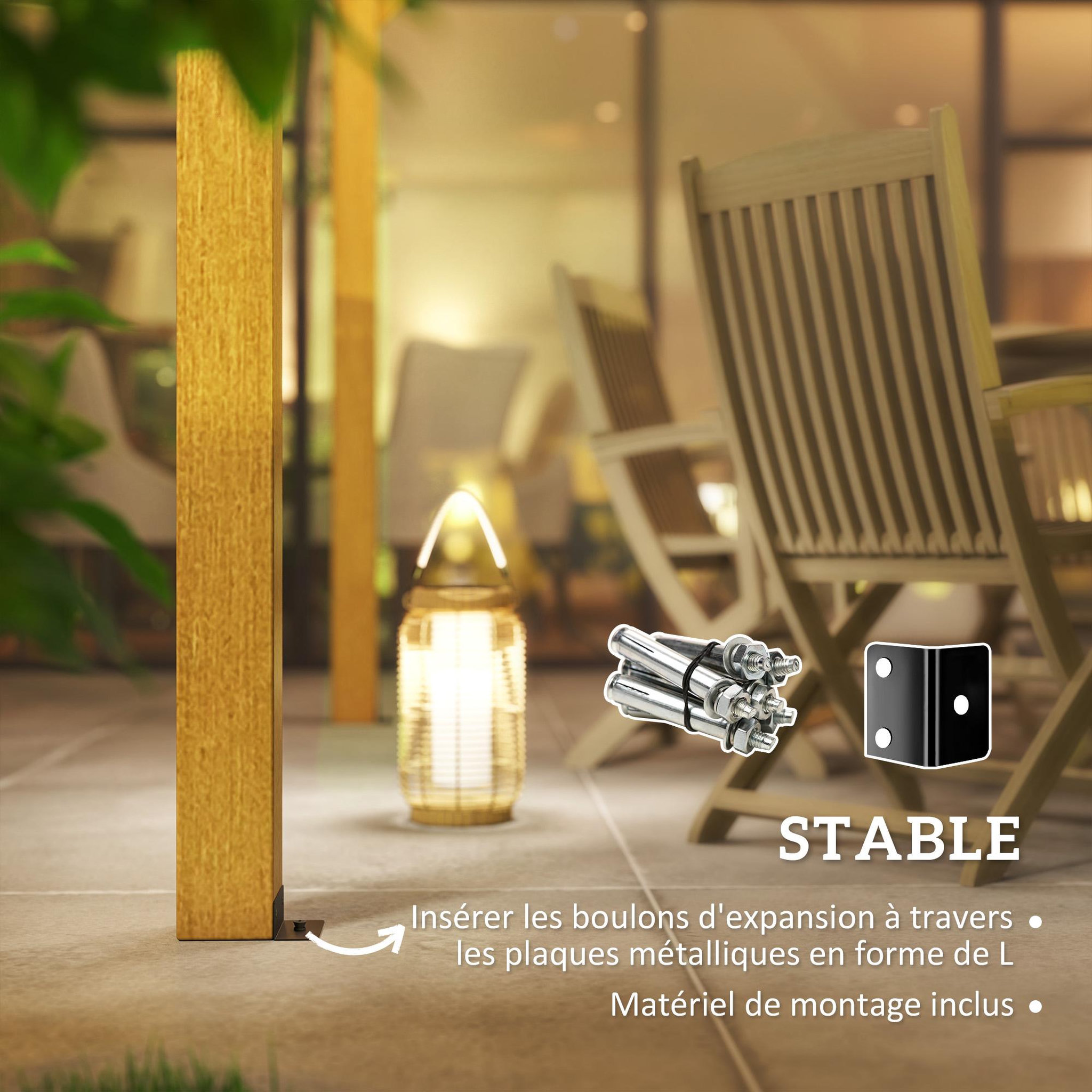 Voir la diapositive 6 : OUTSUNNY Pergola bois autoportante 12 m² dim. 3 x 4 m - toit chevrons lattes espacées - sapin pré-huilé