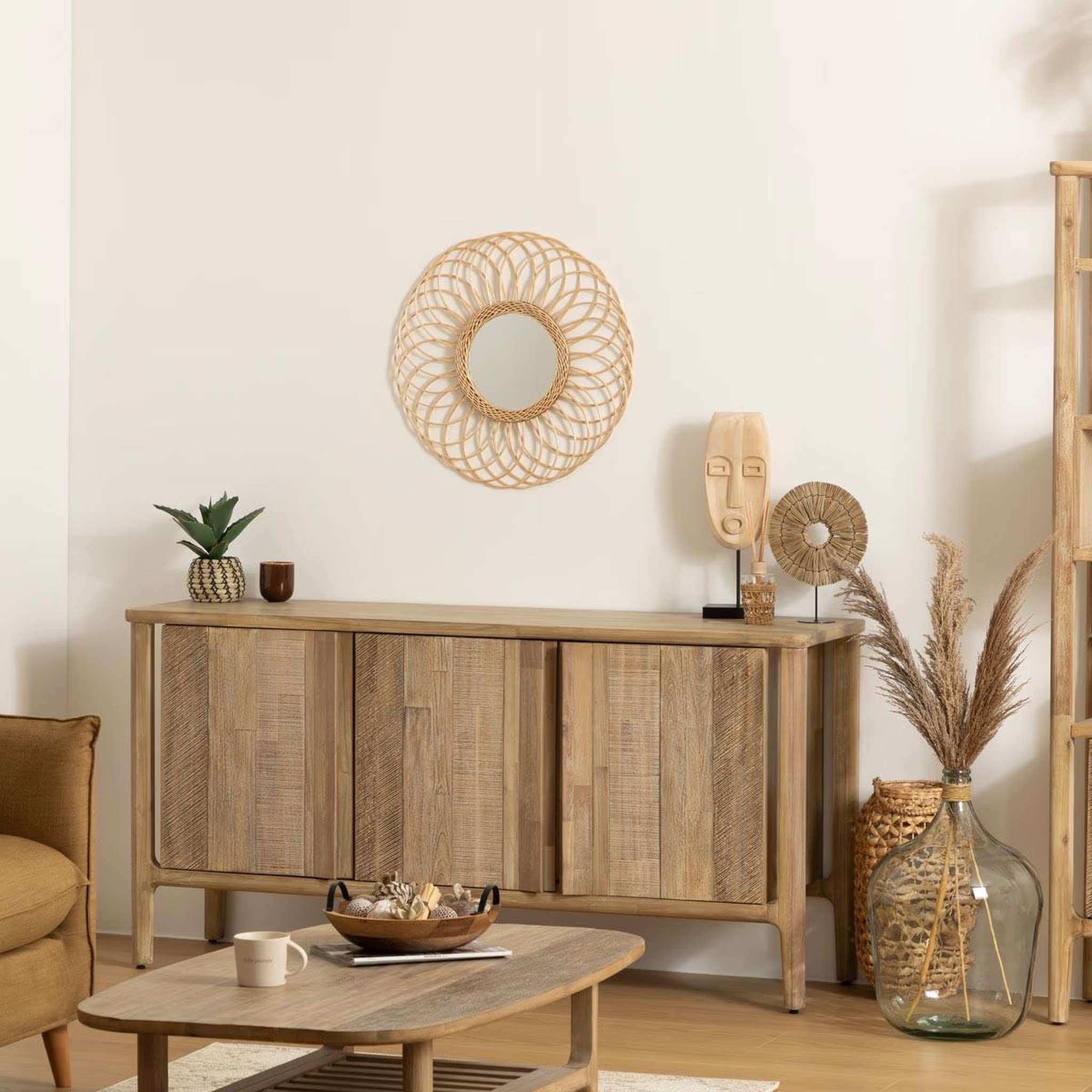 Voir la diapositive 2 : ATMOSPHERA Miroir en rotin  rosace  58cm beige
