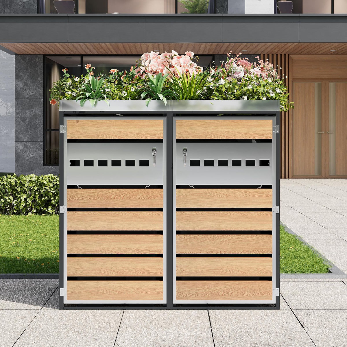 MERAX Cache Poubelle Extérieur 2 Bacs avec Bac à Plantes, Gris