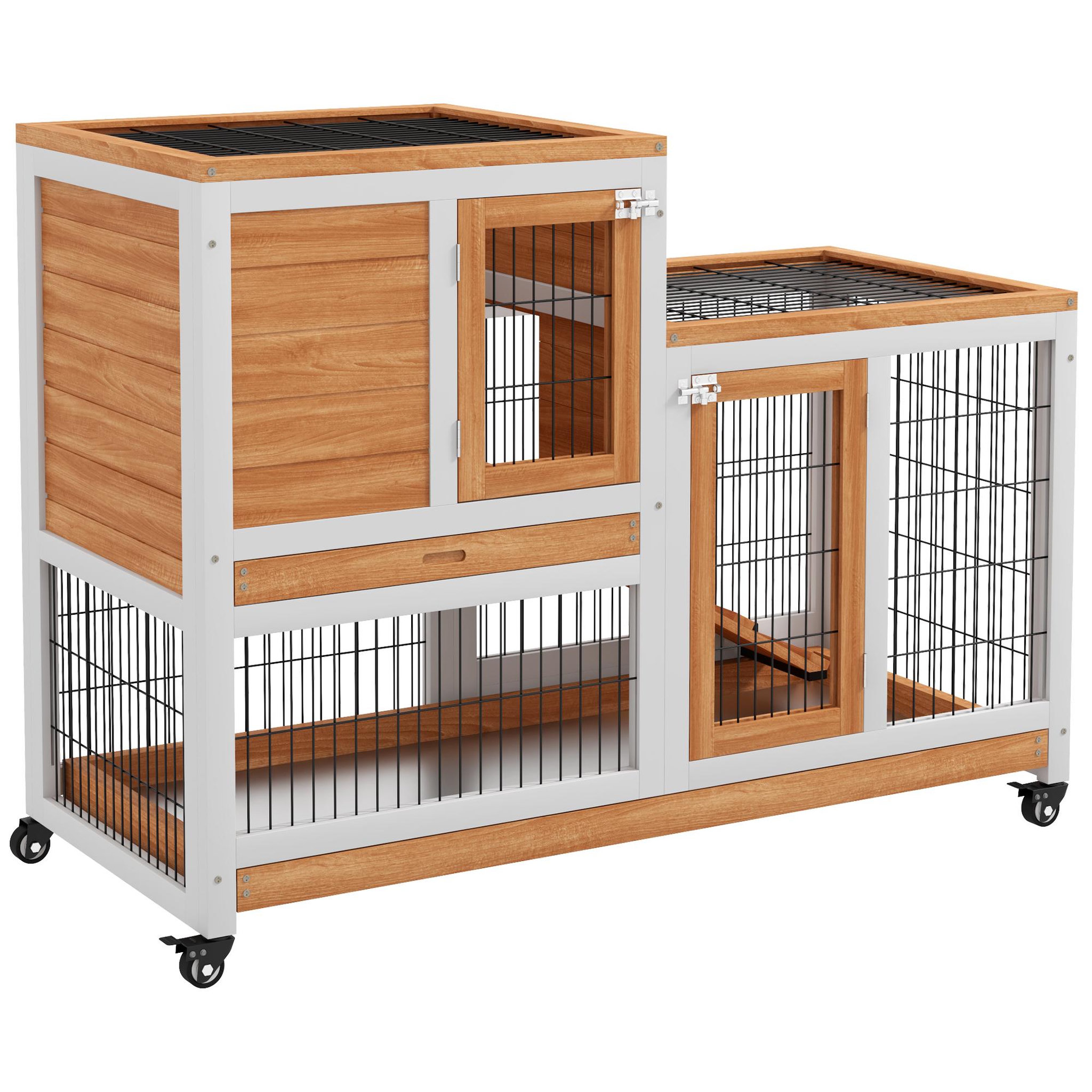 PAWHUT Clapier lapin mobile - niche, rampe, plateau déjection, 2 portes - bois blanc