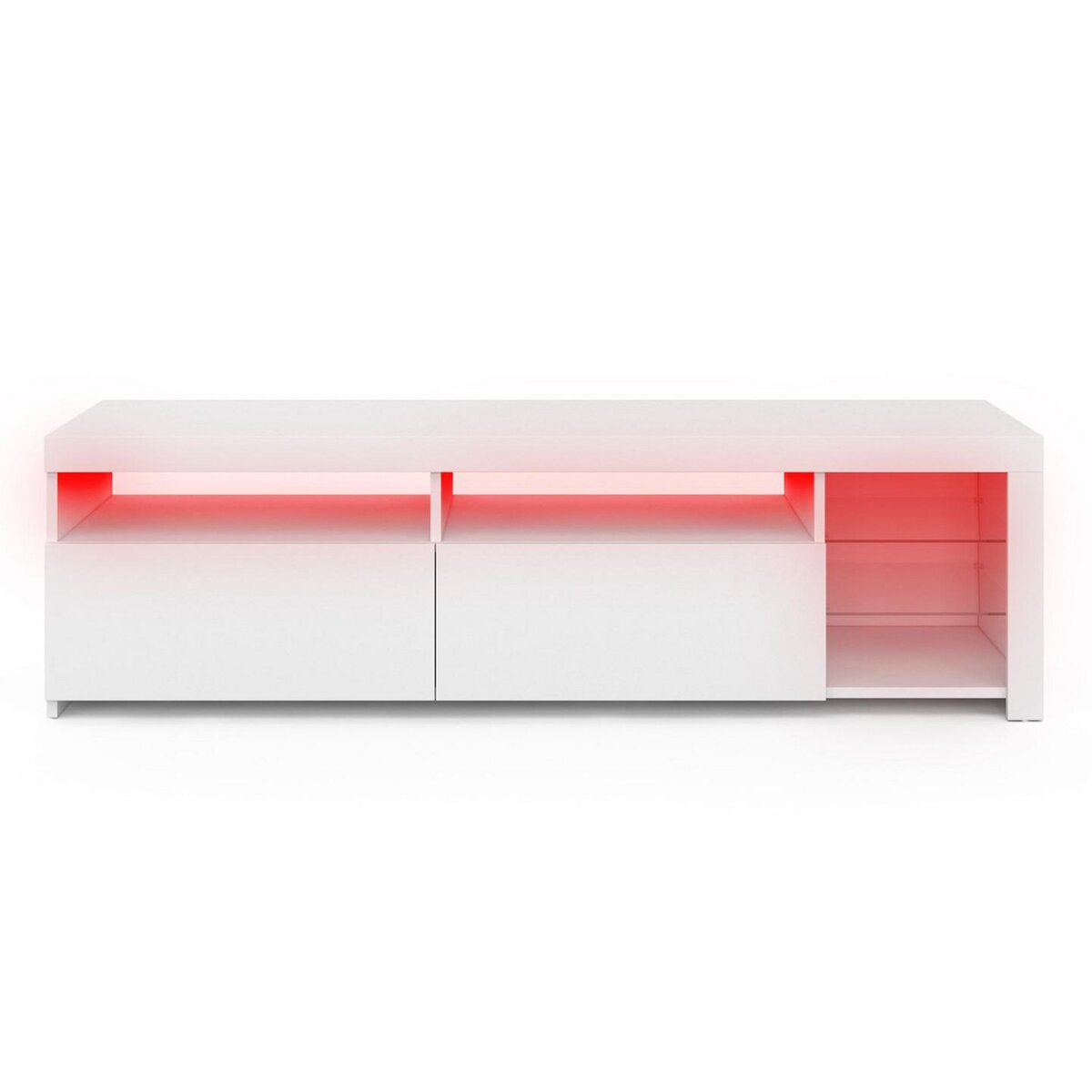 ID MARKET Meuble TV 140 cm SOLVEIG placards et étagères en verre avec LED blanc laqué