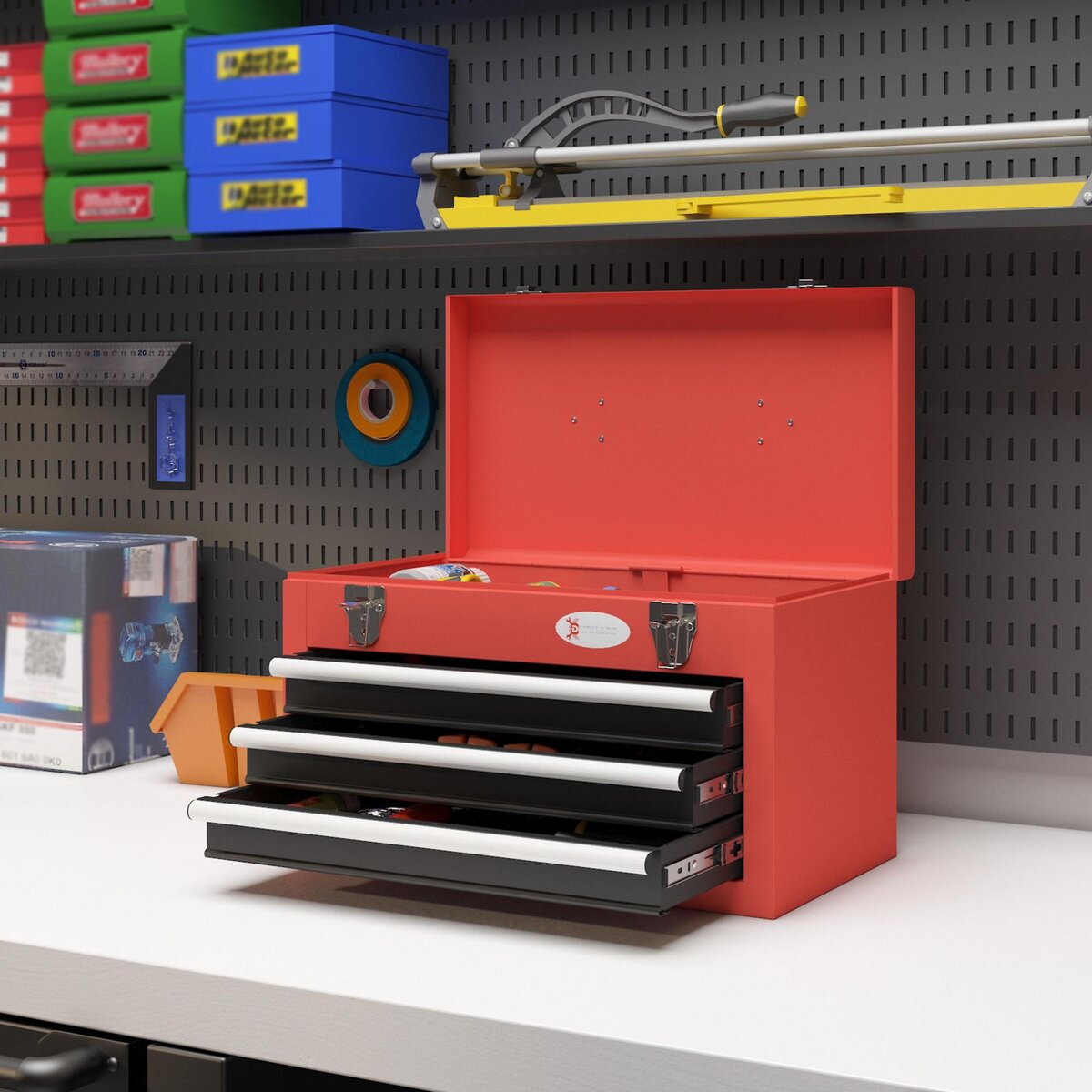 HOMCOM Boite à outils métallique caisse à outils 3 tiroirs + plateau tapis EVA poignée tôle acier rouge noir