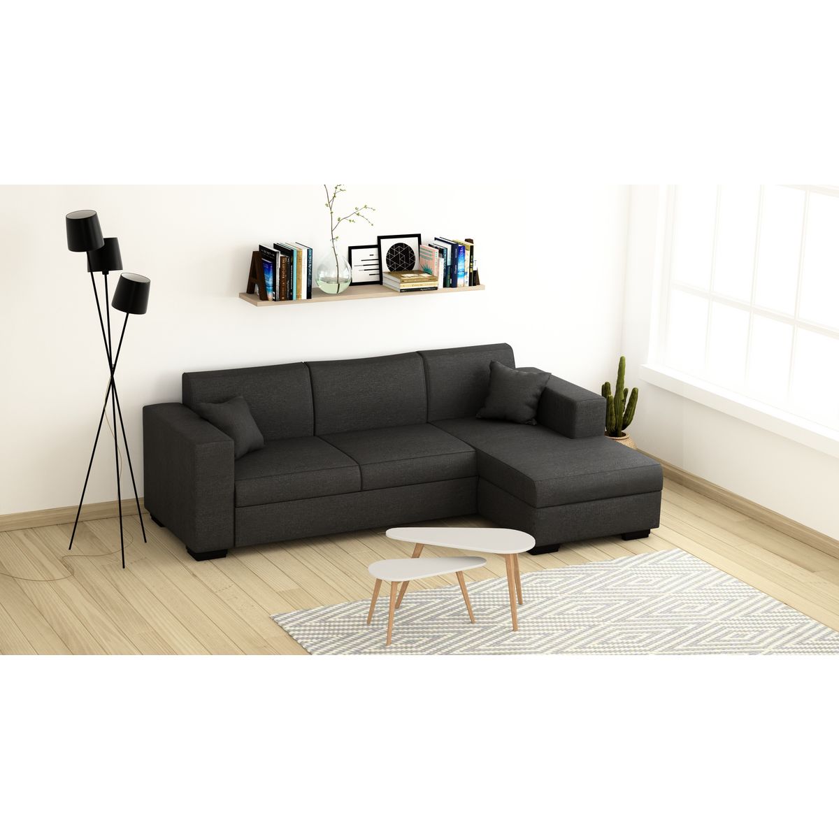 Canapé d'angle droit convertible 4 places avec coffre  de rangement revêtement tissu CARIBEA 