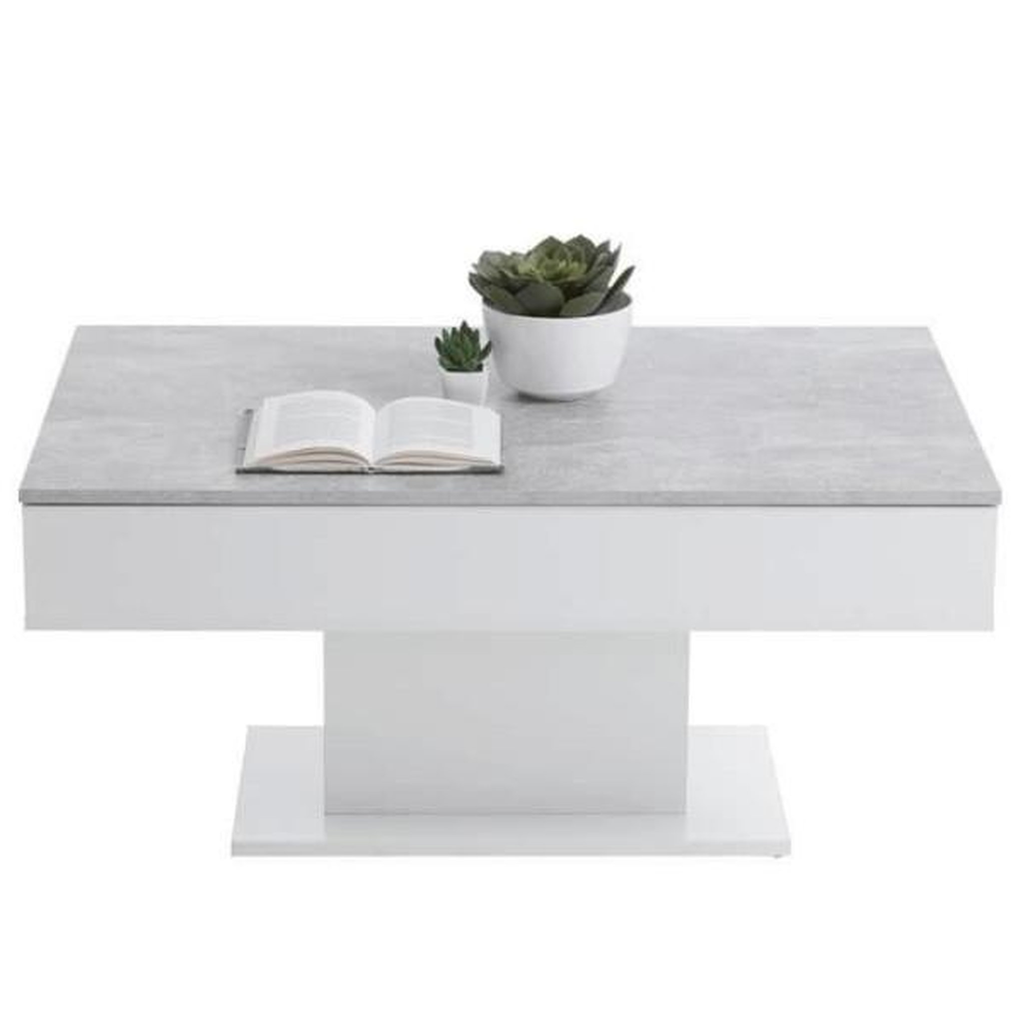 Voir la diapositive 3 : FMD Table Basse - Bout de canapé - mélamine Gris Béton et Blanc L100 x H46,1 x P65 cm