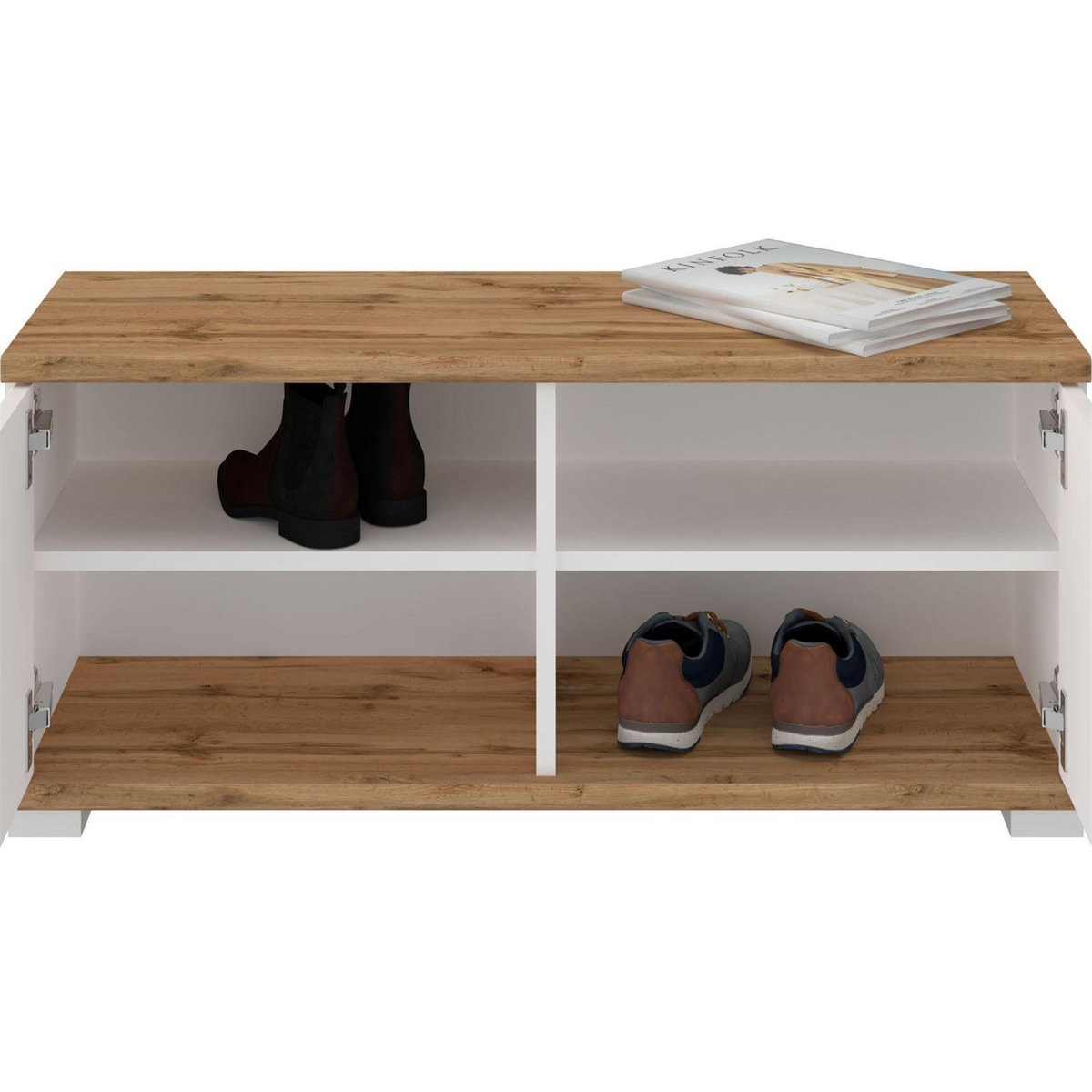 IDIMEX Ensemble banc à chaussures et porte manteau mural VIELLA en mélaminé couleur chêne wotan et blanc